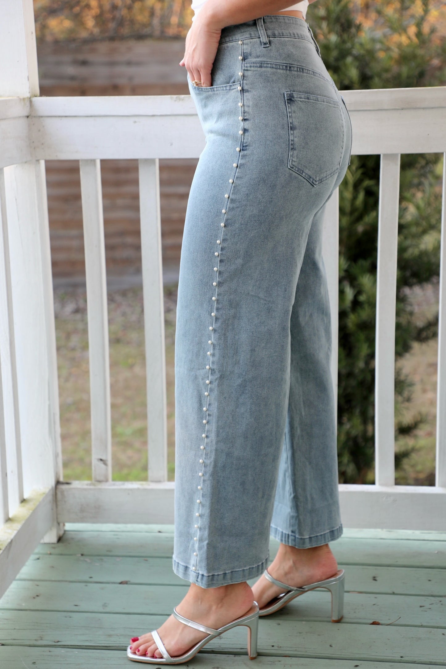 High Waisted Denim Jeans with Pearls