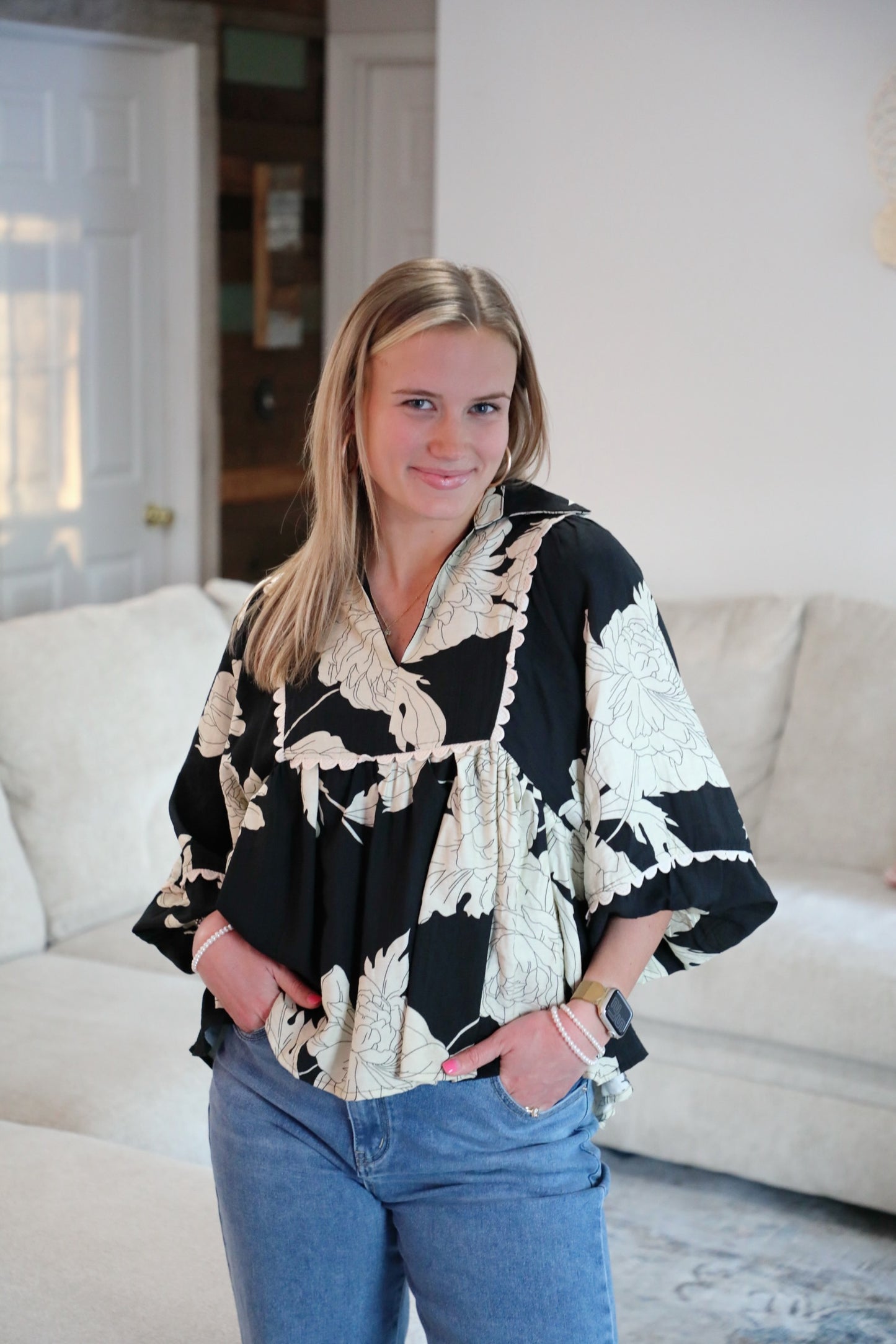 Black Floral Print V Neck Top