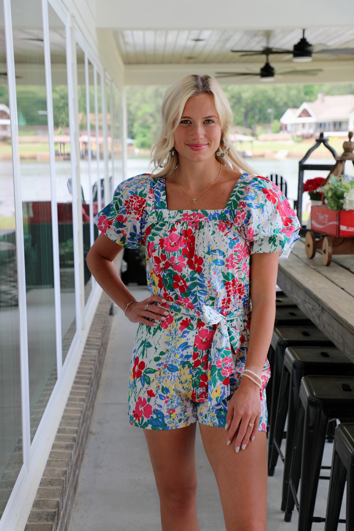 Floral Romper with Puff Sleeves