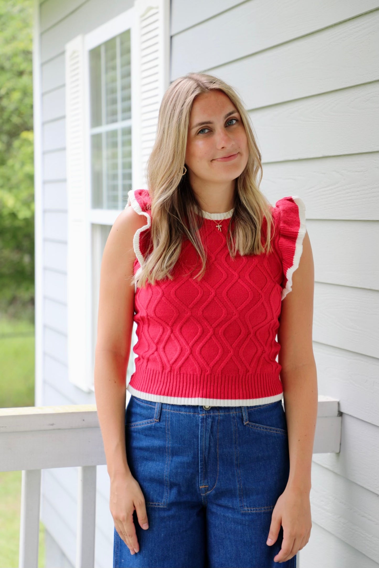 Game Day Ruffle Sleeve Cable Sweater Top