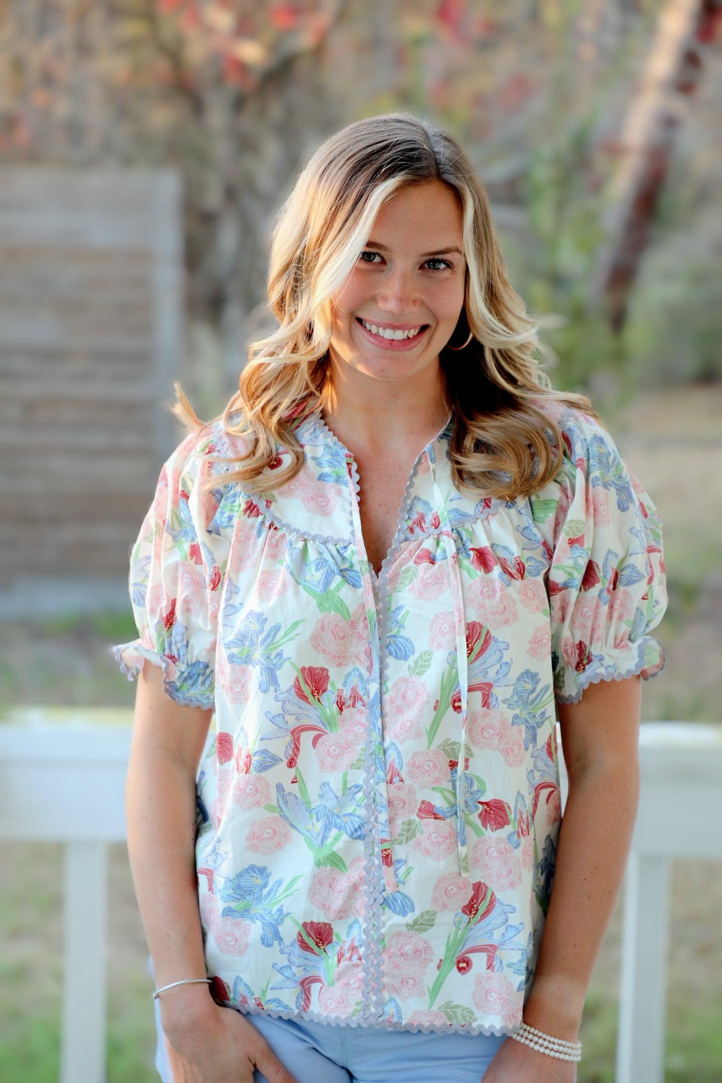 Floral Print Tie Neck Blouse with Ric-Rac Trim Detail