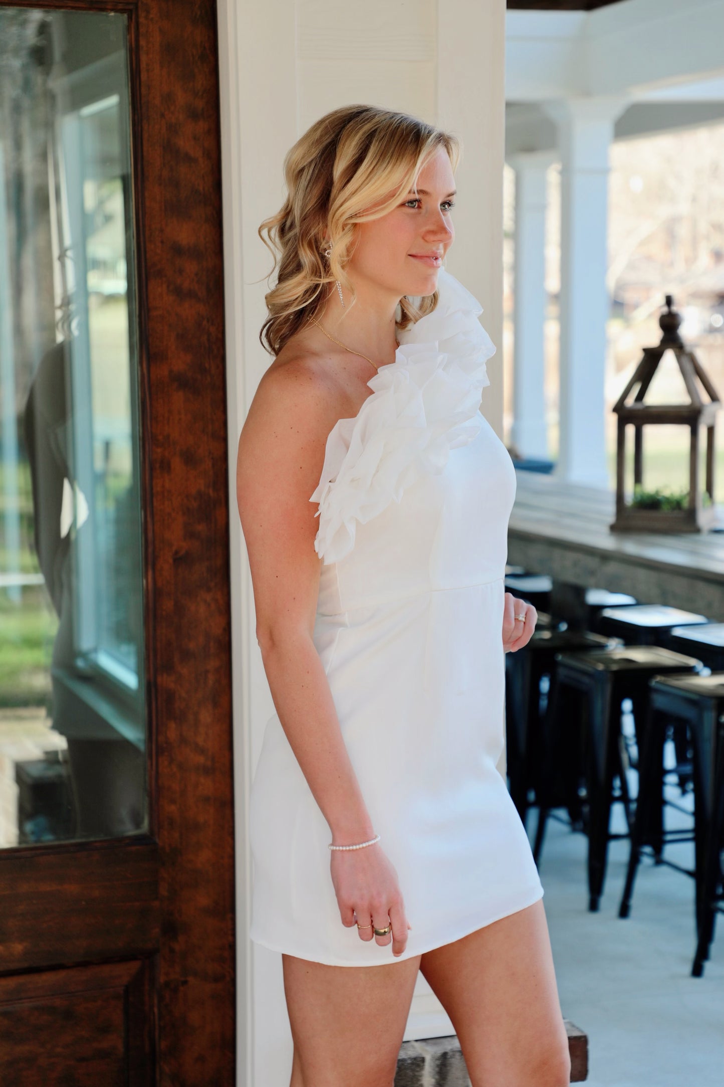 One Shoulder Ruffled Neckline Mini Dress