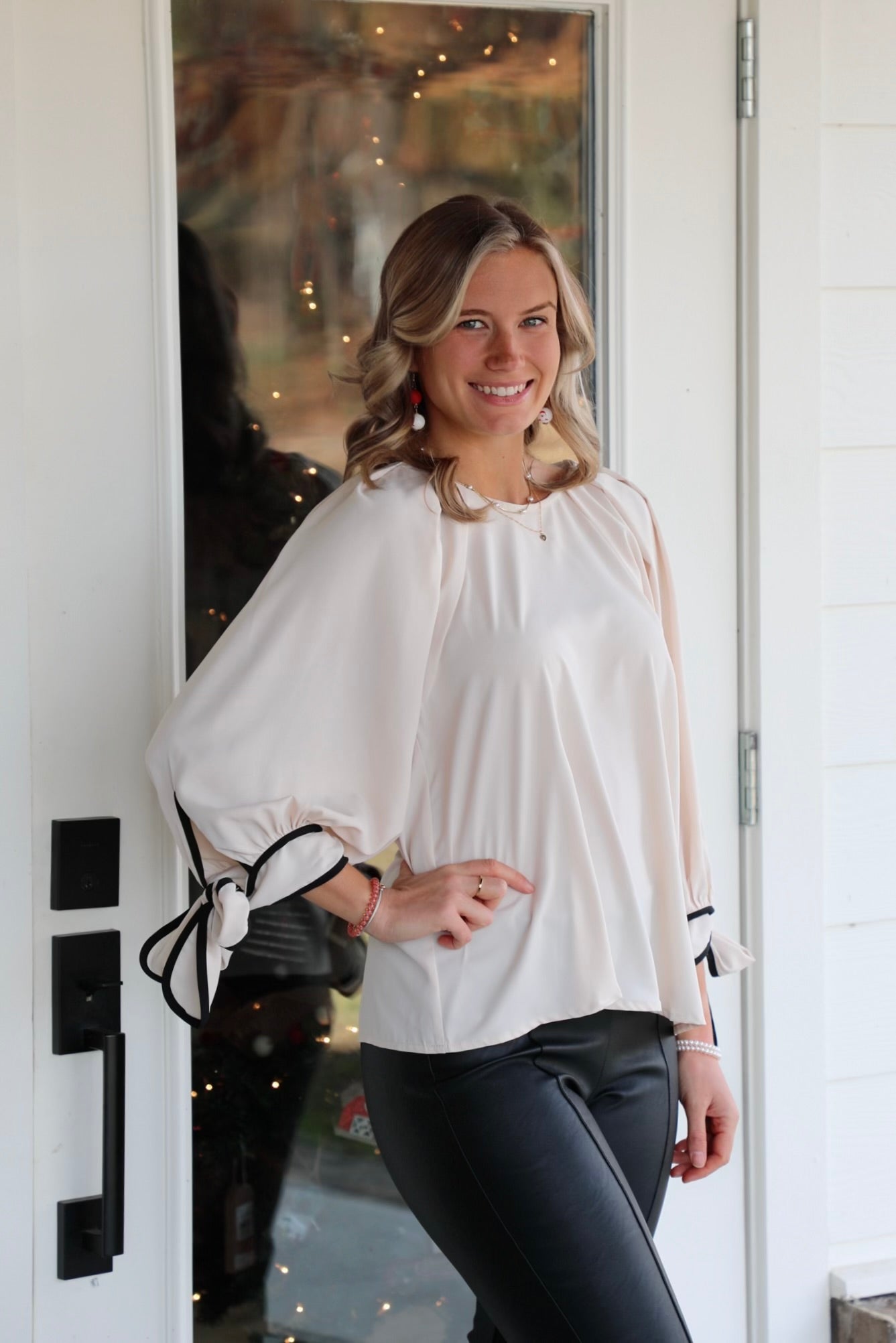 Blouson Top with Puff Sleeves and Ribbon Tie Cuffs