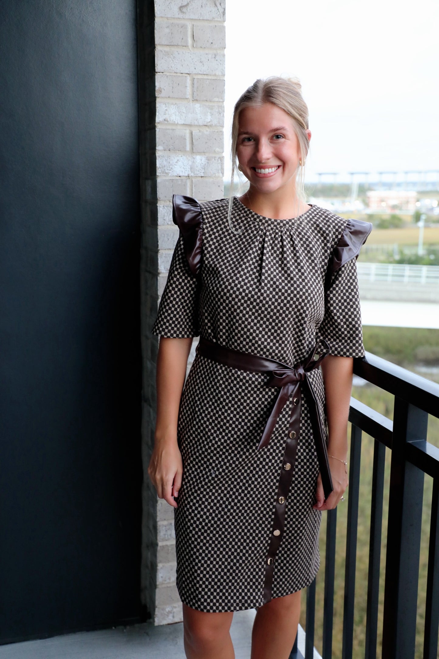 Faux Leather Trim Dress Polka Dot Wrap Dress