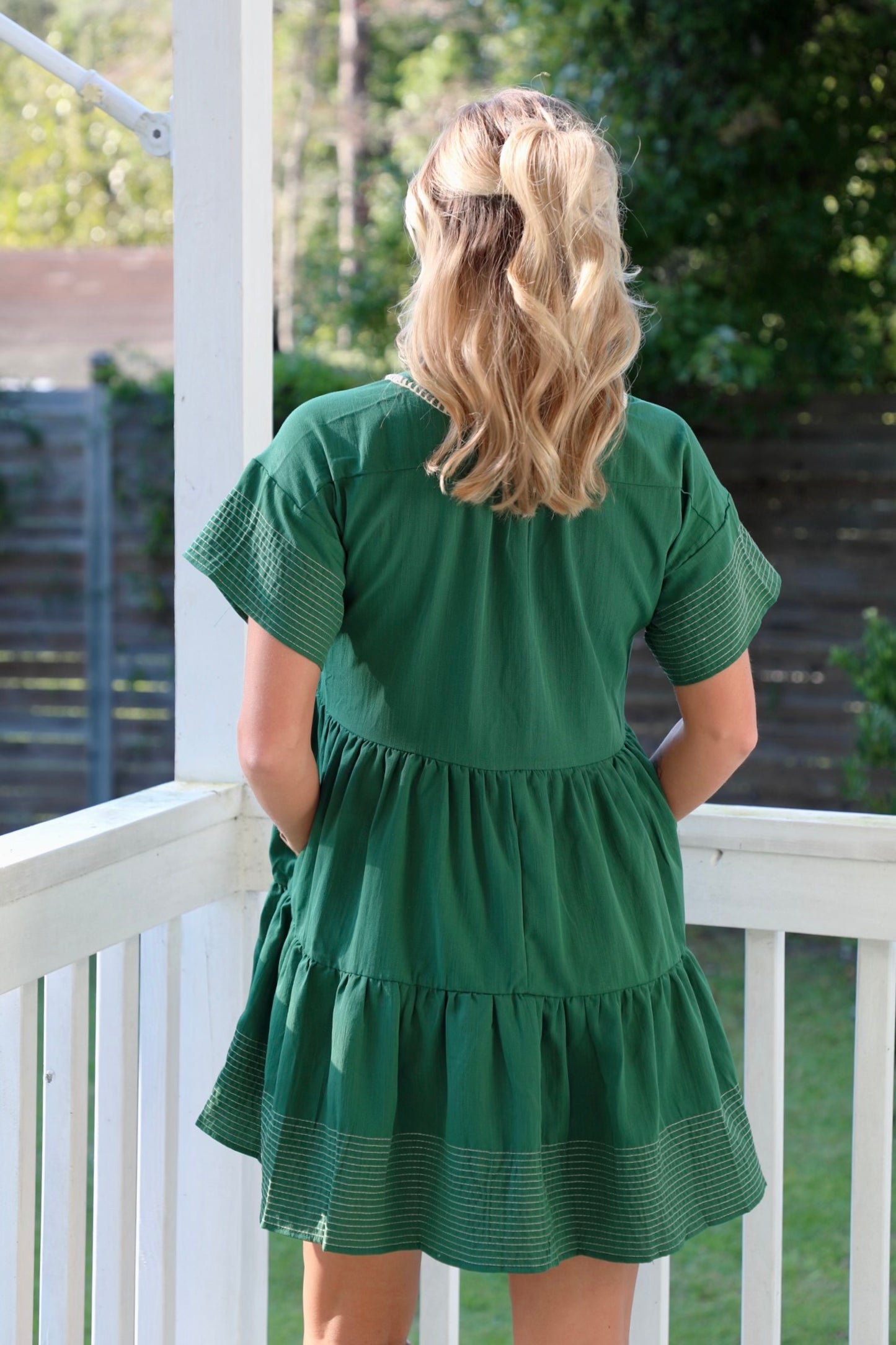 Green Tiered Dress With Tan Trim