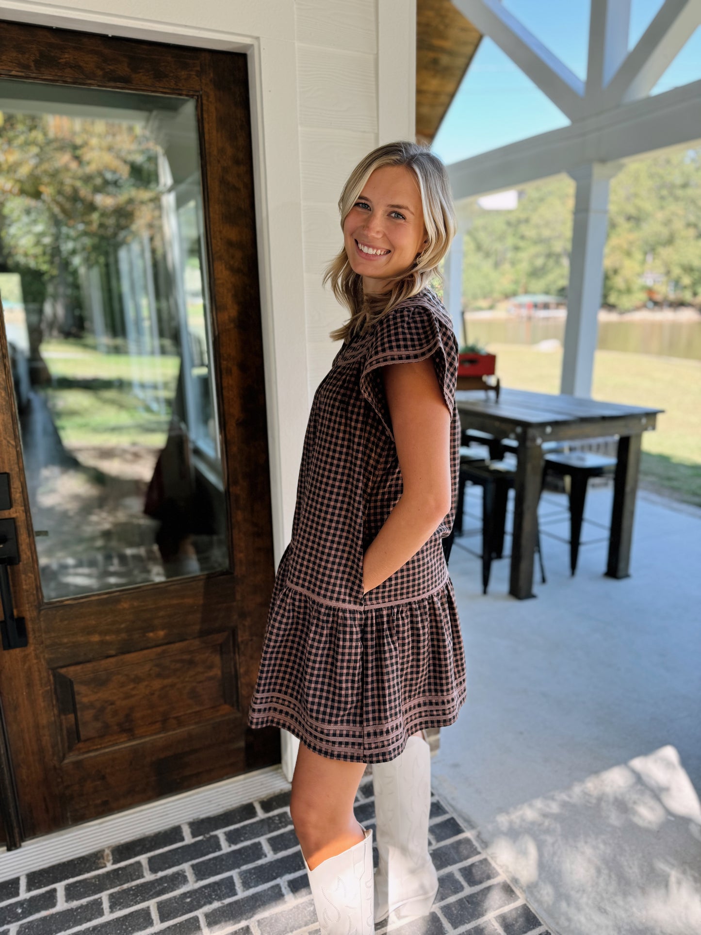 Trimmed Round V Neck Gingham Mini Dress
