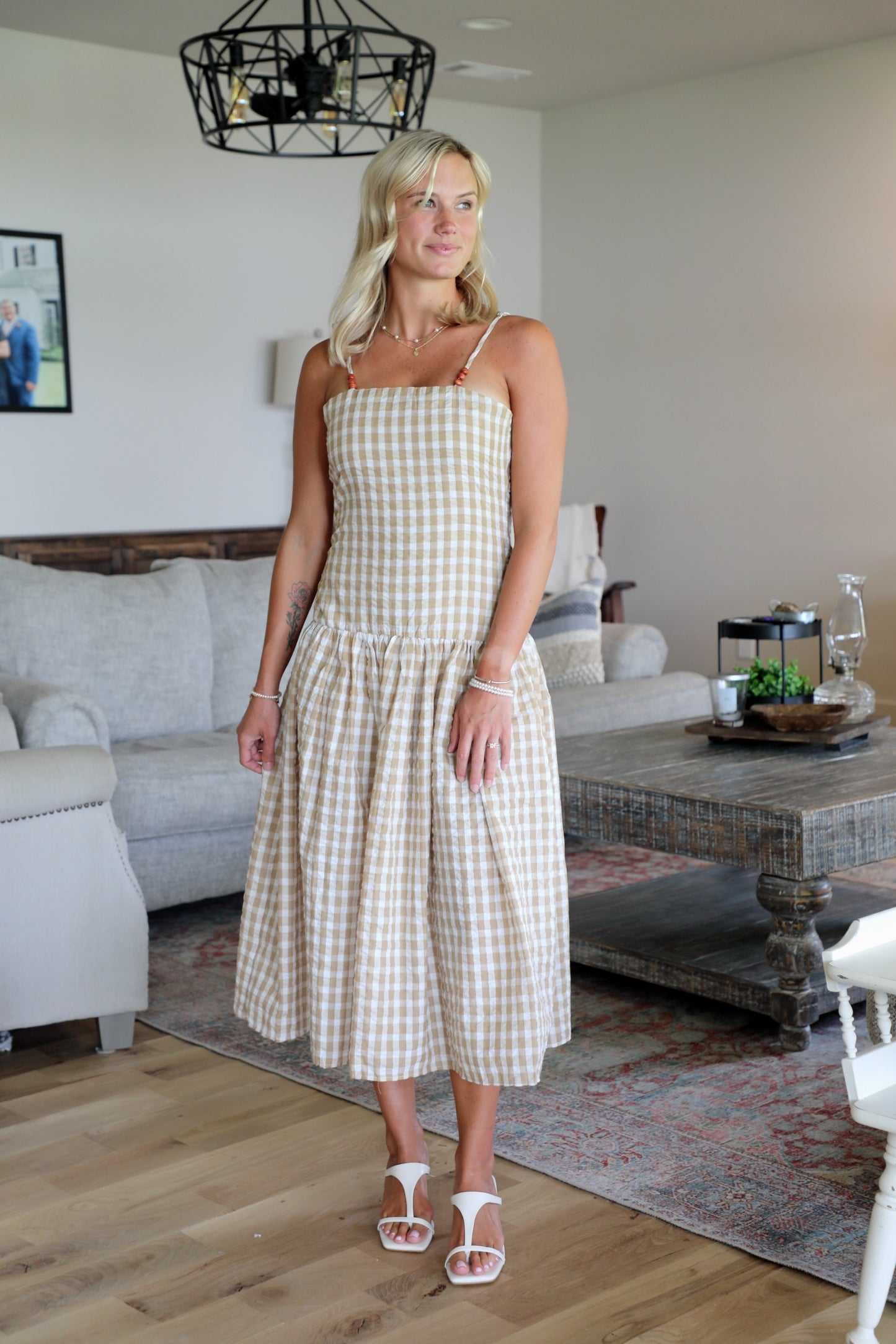 Gingham Print Midi Dress with Wooden Bead Detail