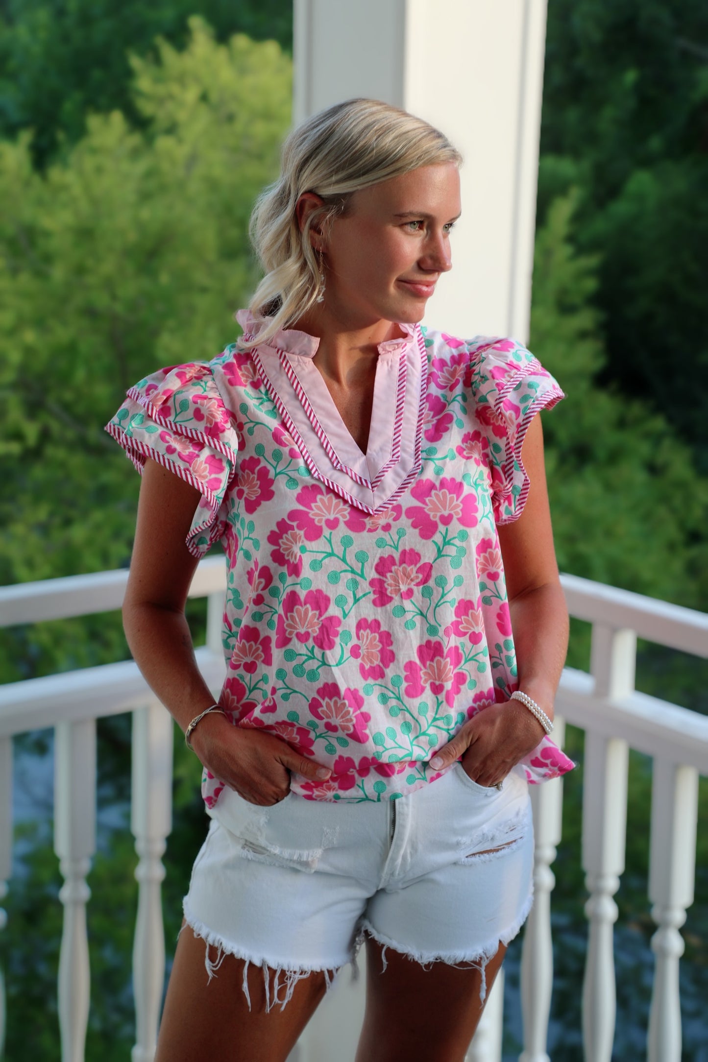 Pink Flutter Sleeve Floral Blouse with Chevron Ribbon Trim