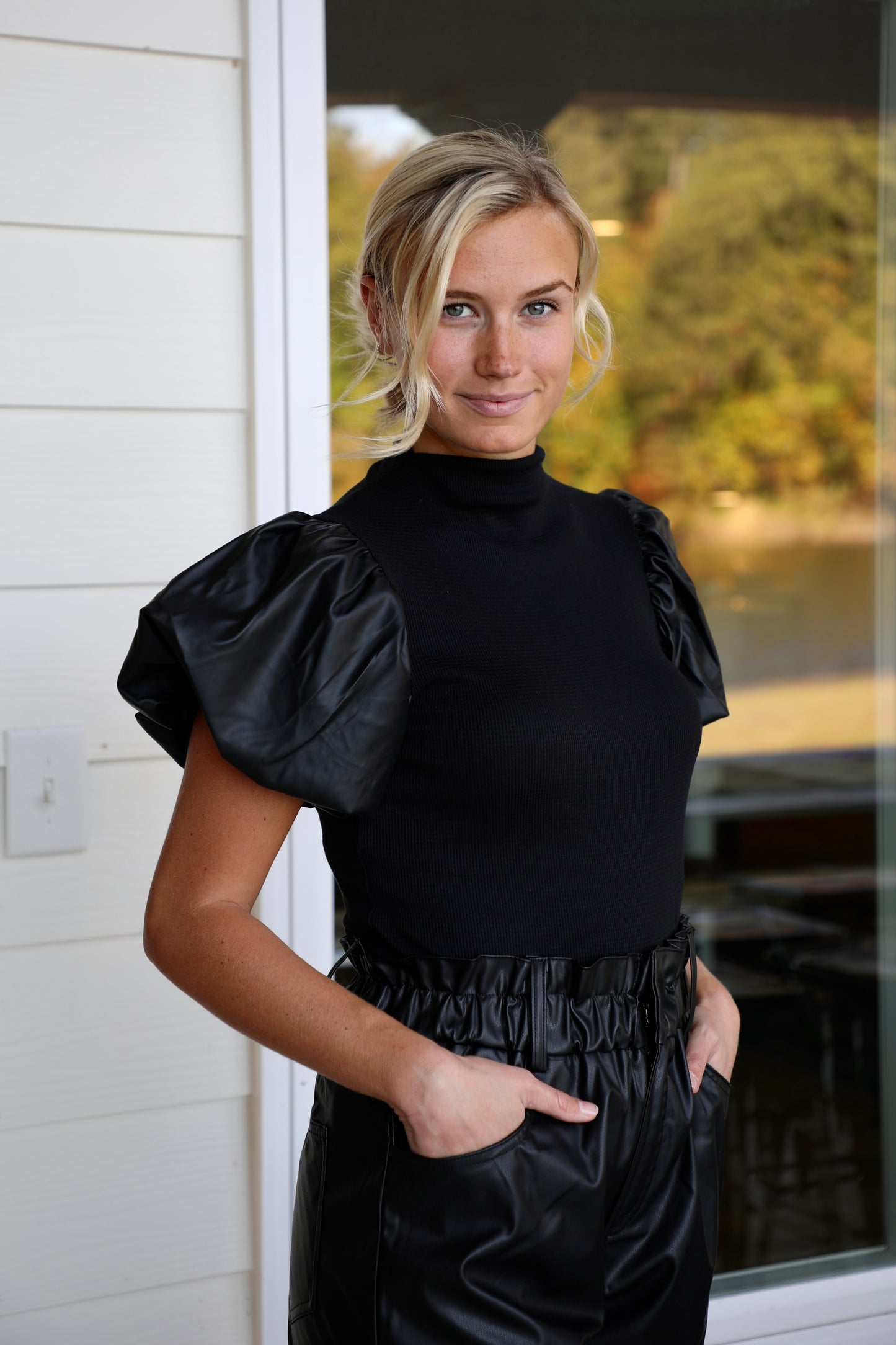 Waffle Knit Short Sleeve Mock Neck Top