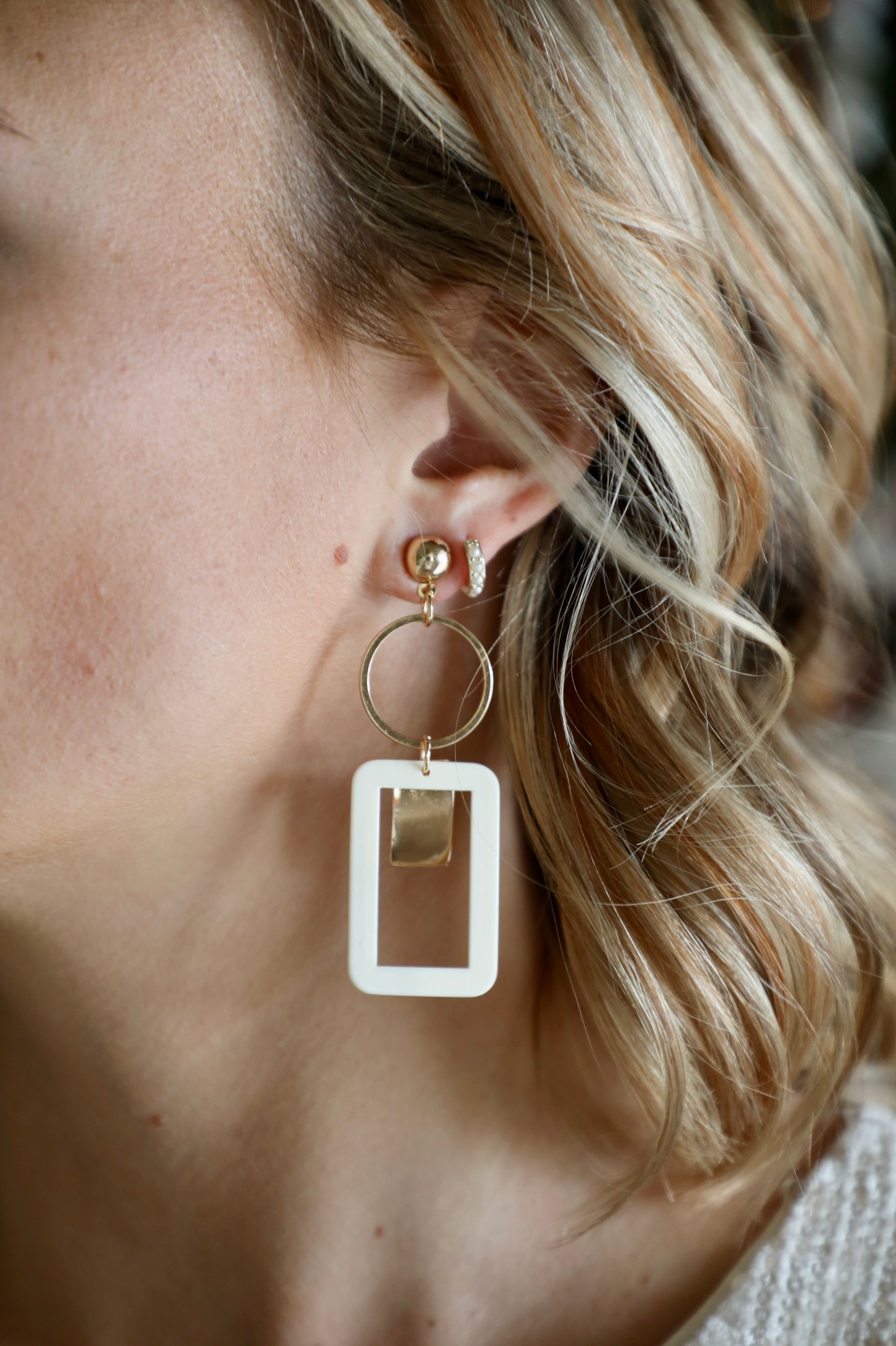 Gold/Cream Geometrical Dangle Fashion Earrings
