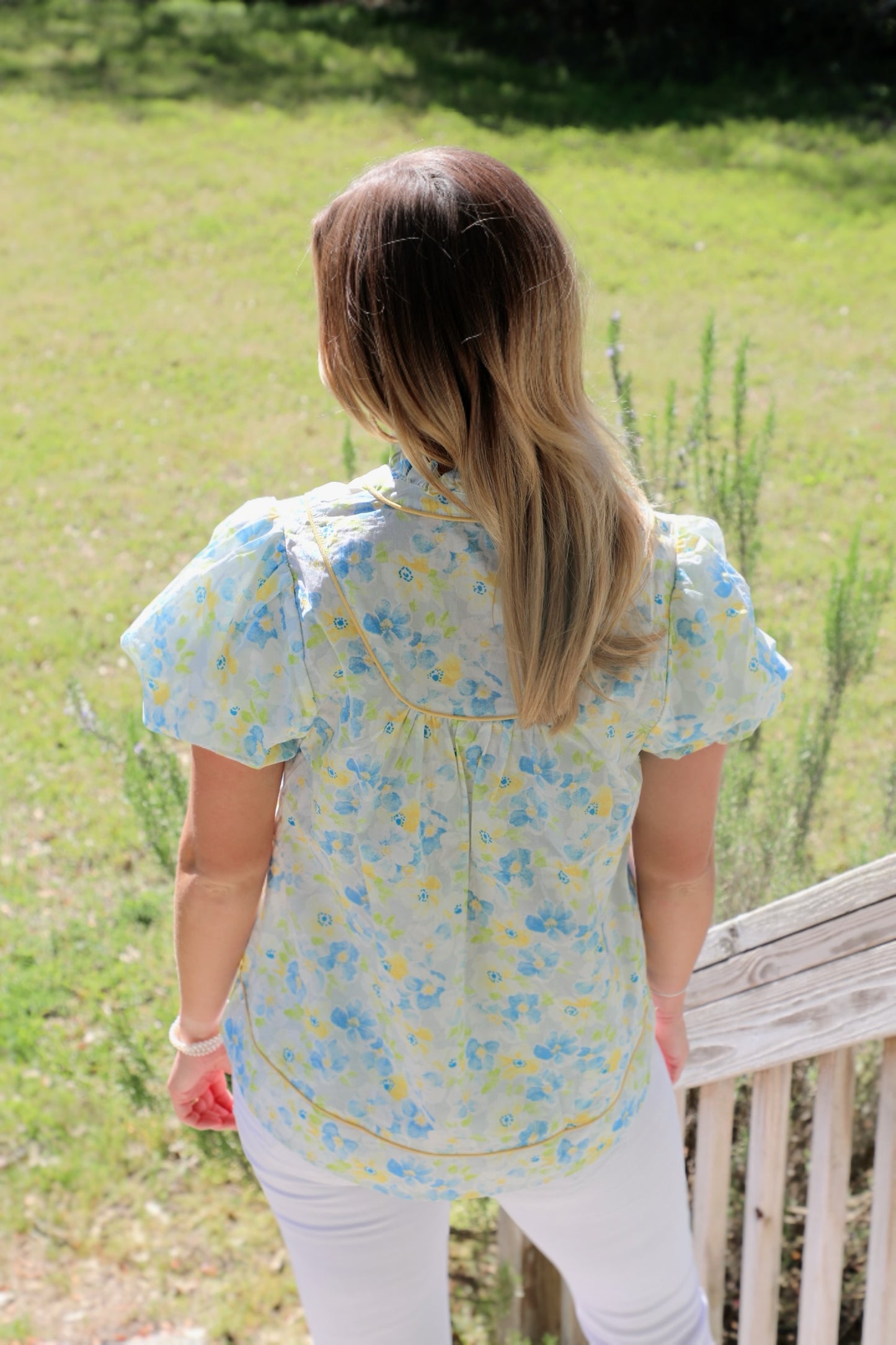 Floral Print V-Neck Blouse with Binding Details and Covered Buttons