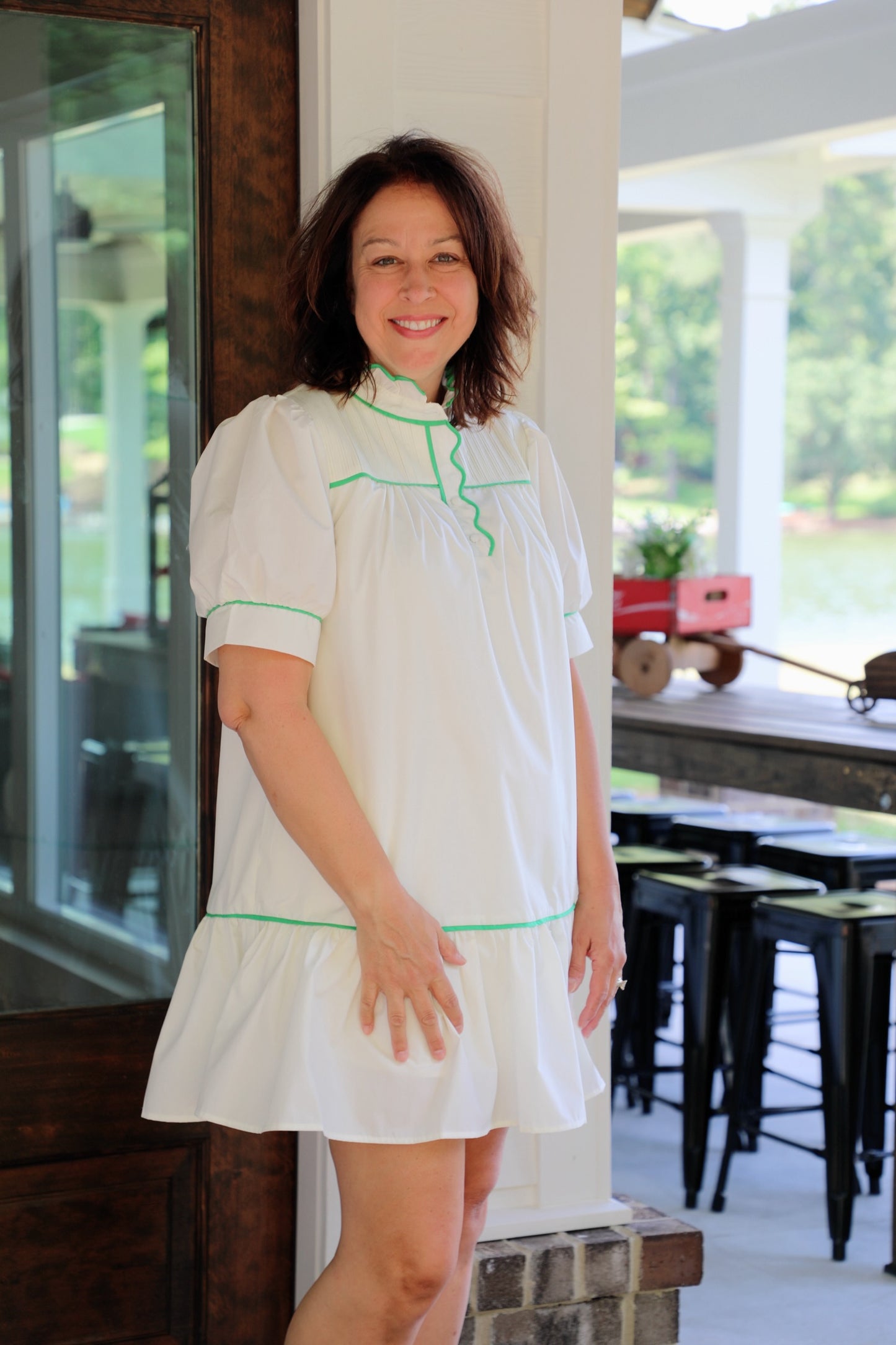 Solid Short Sleeve High Neck Mini Dress Featuring Font Button Up Detail
