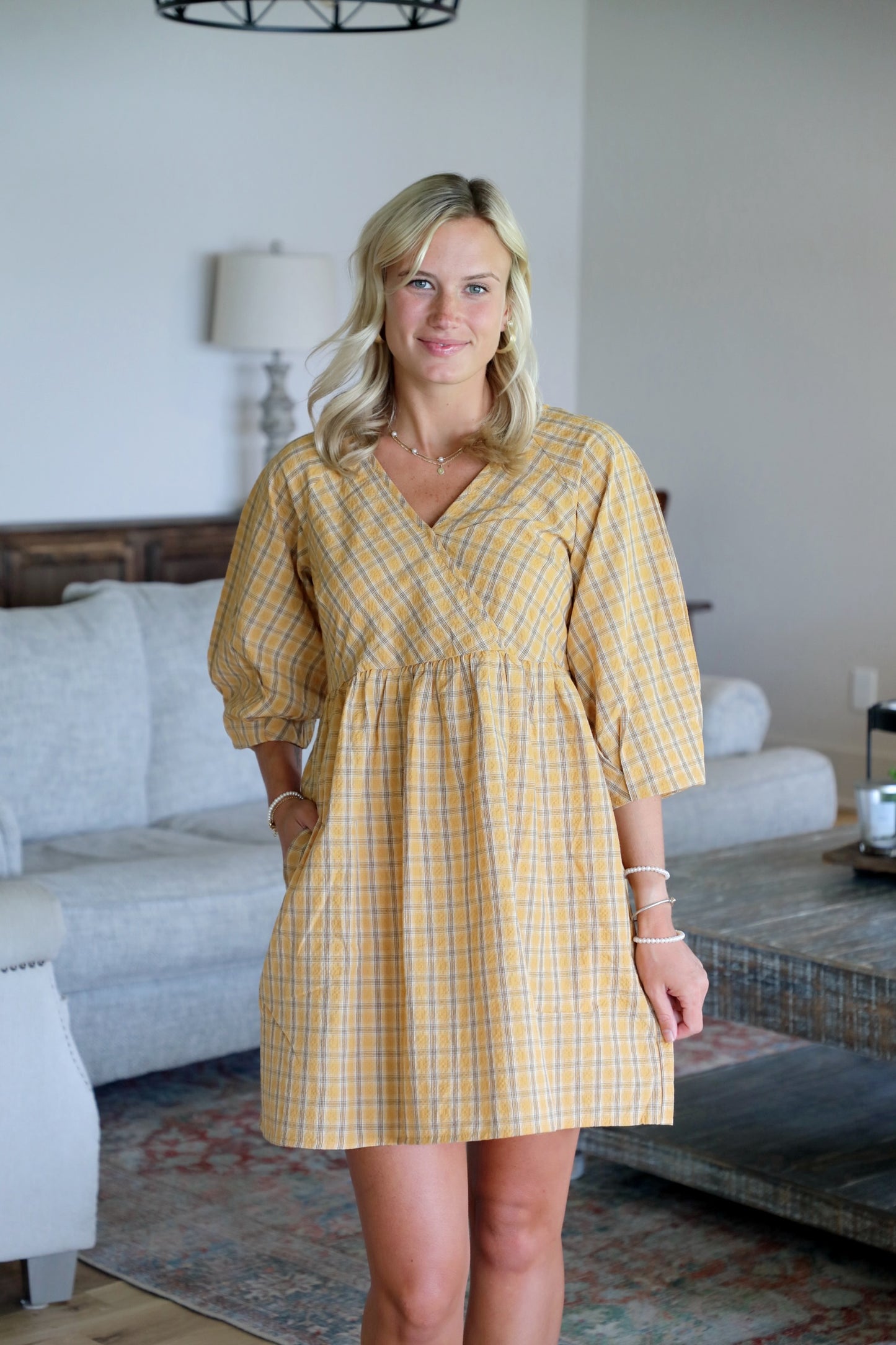 Plaid V-Neck Babydoll Dress