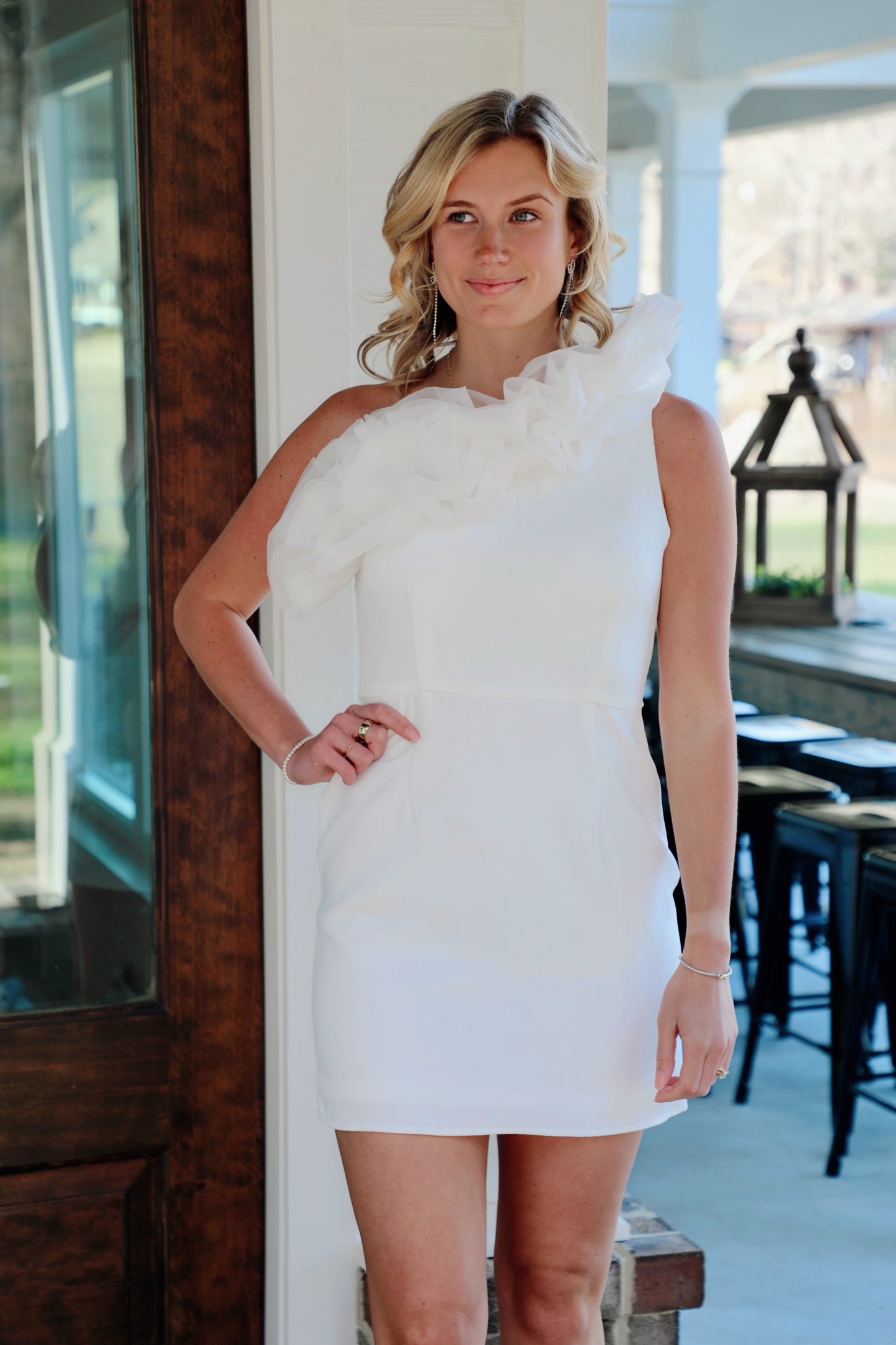 One Shoulder Ruffled Neckline Mini Dress