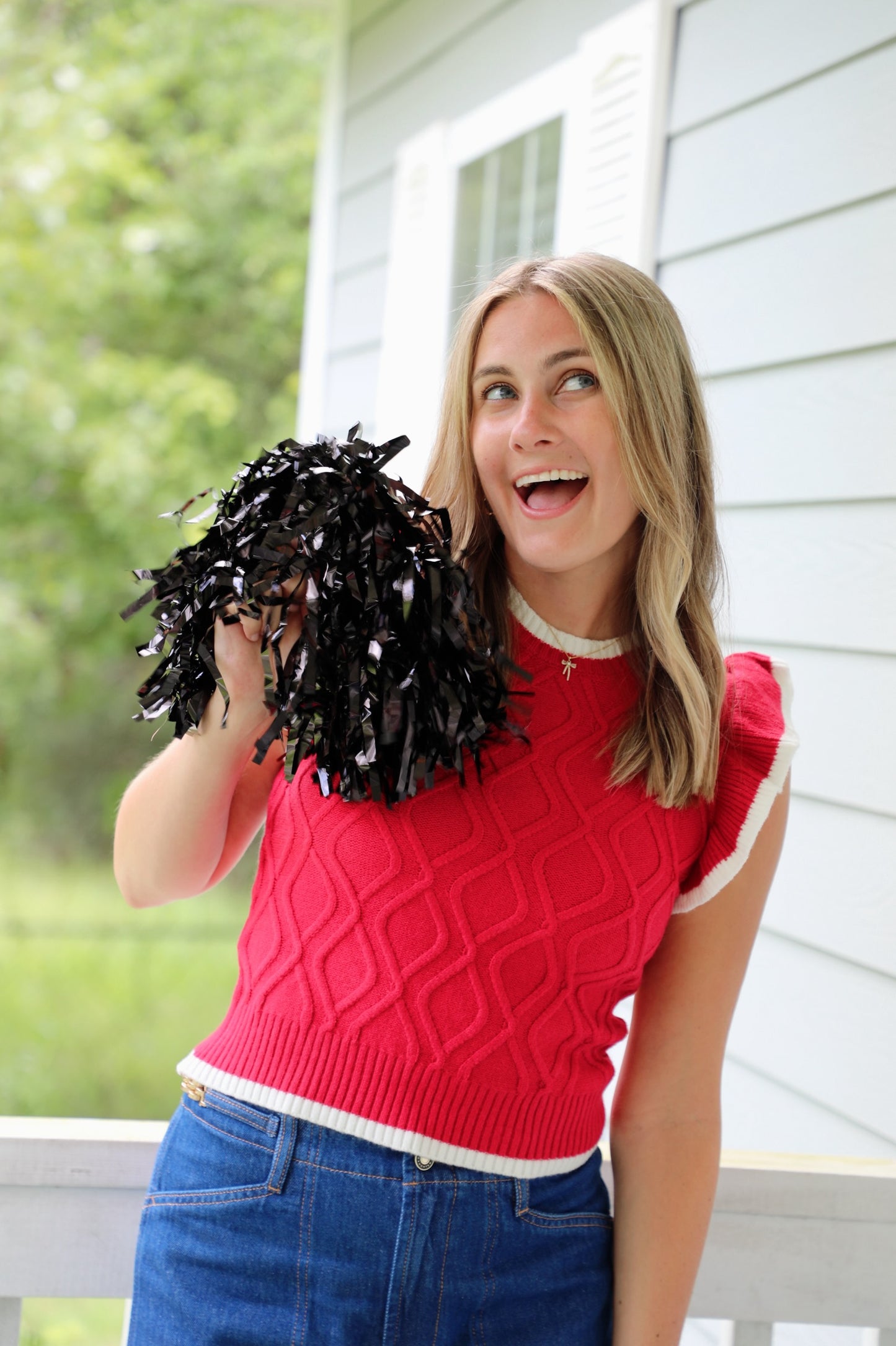 Game Day Ruffle Sleeve Cable Sweater Top