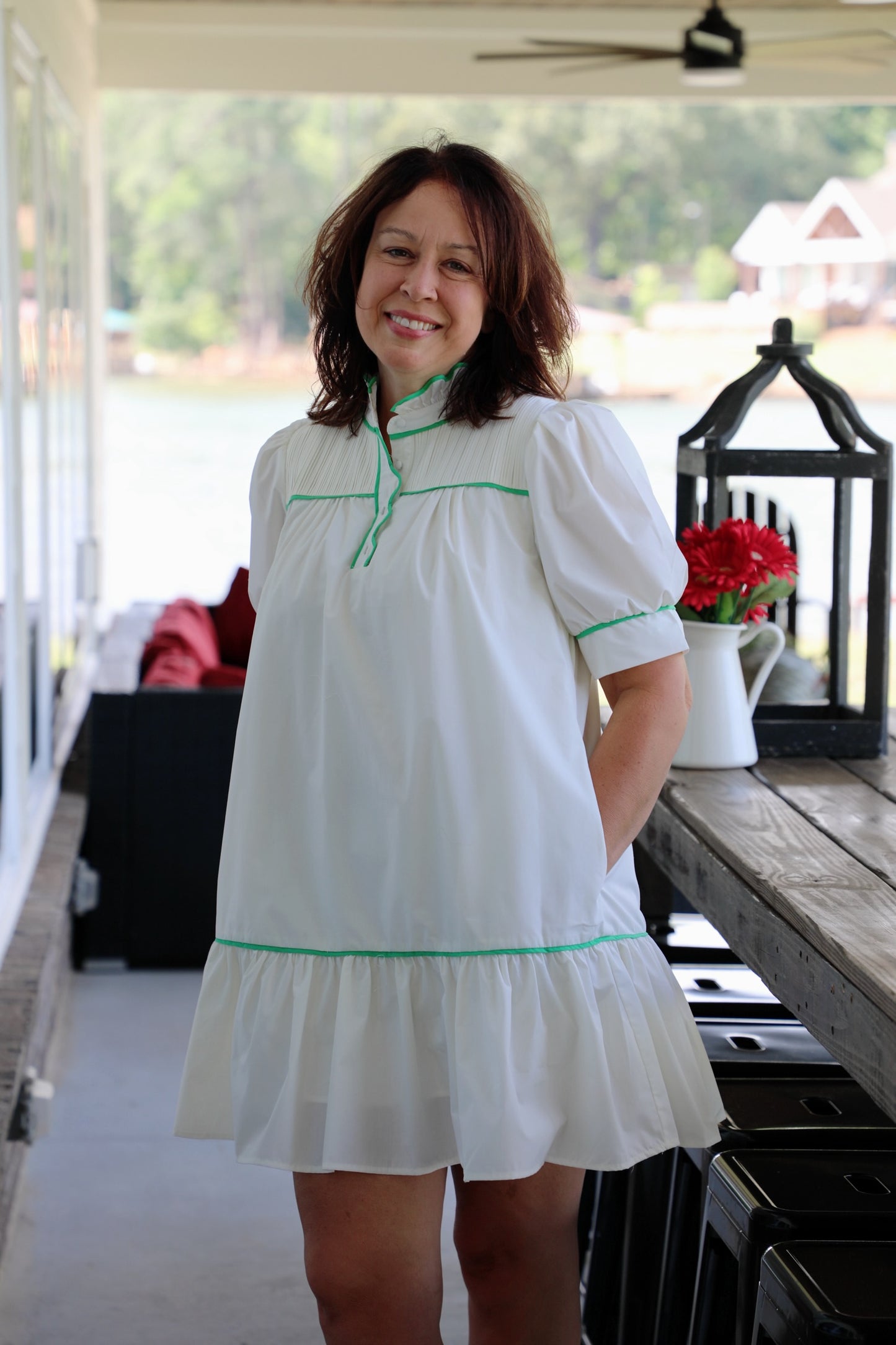 Solid Short Sleeve High Neck Mini Dress Featuring Font Button Up Detail