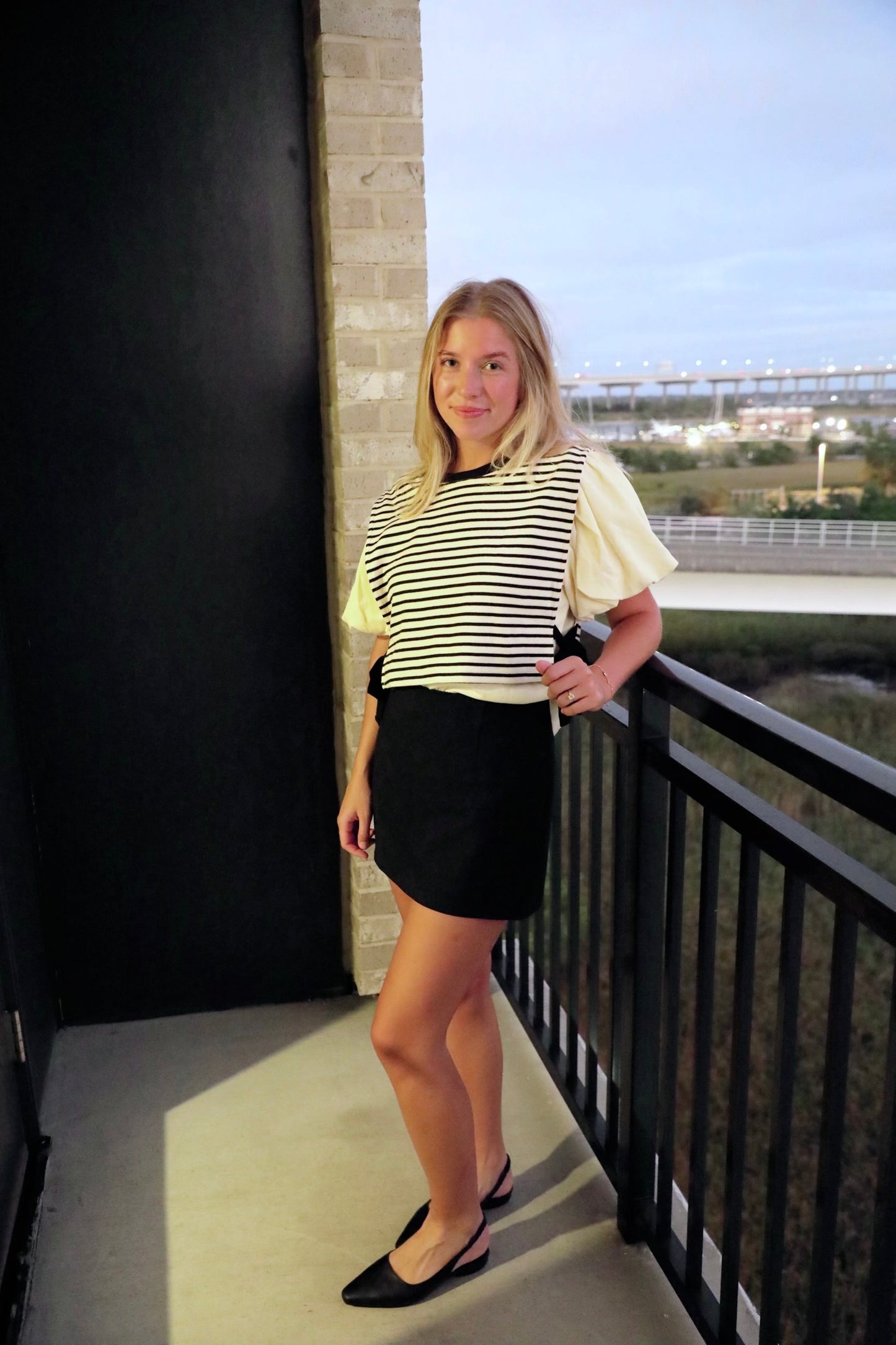 Black And Cream Striped Twofer Knit Top