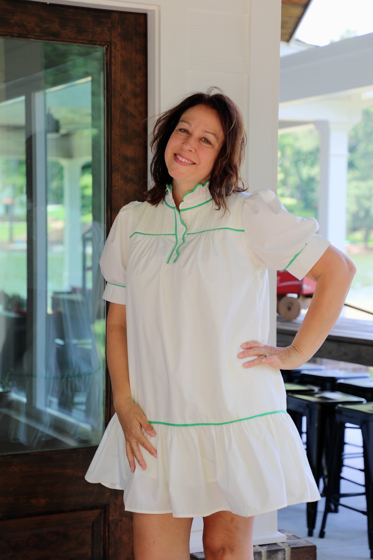 Solid Short Sleeve High Neck Mini Dress Featuring Font Button Up Detail