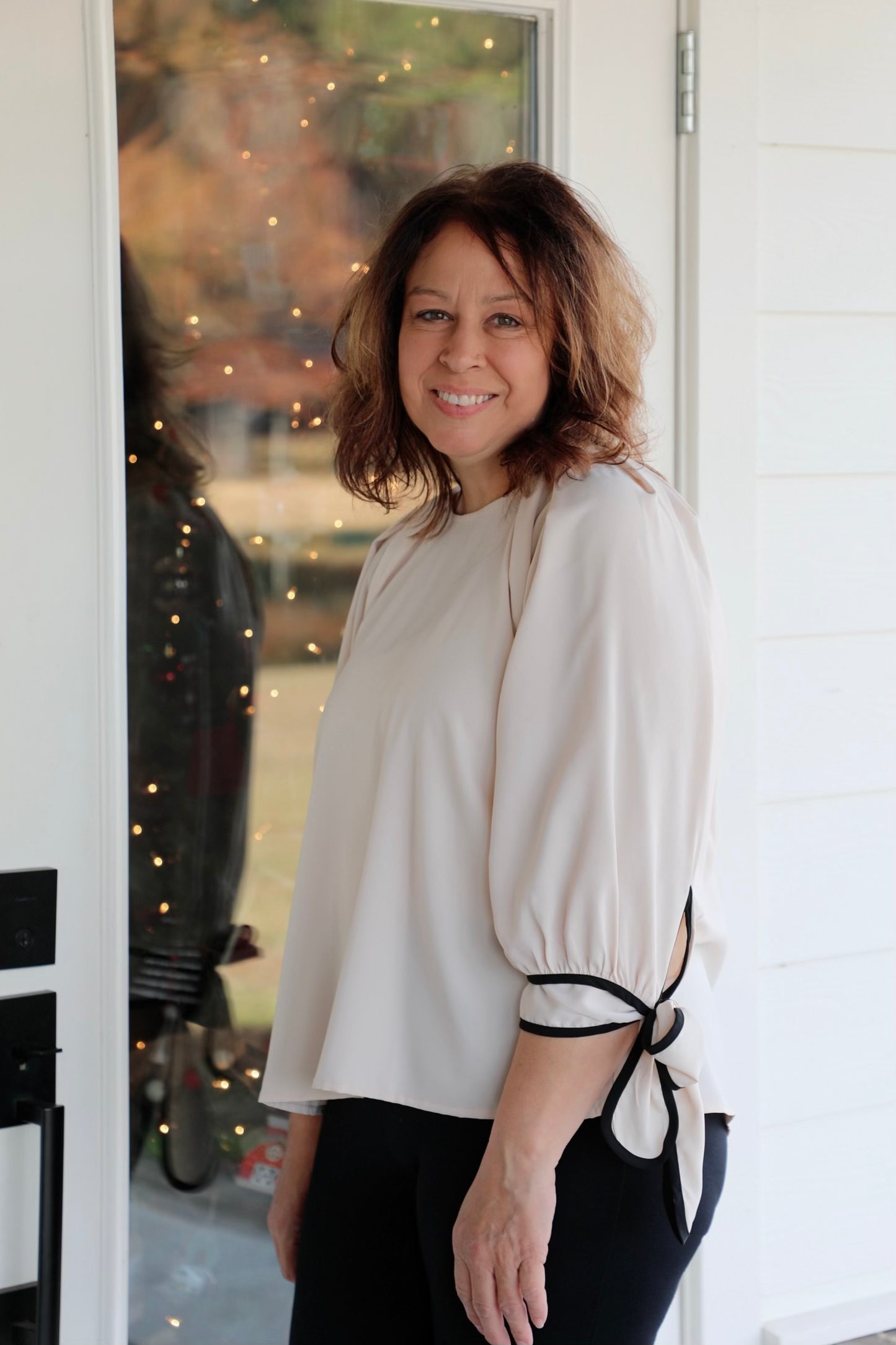 Blouson Top with Puff Sleeves and Ribbon Tie Cuffs