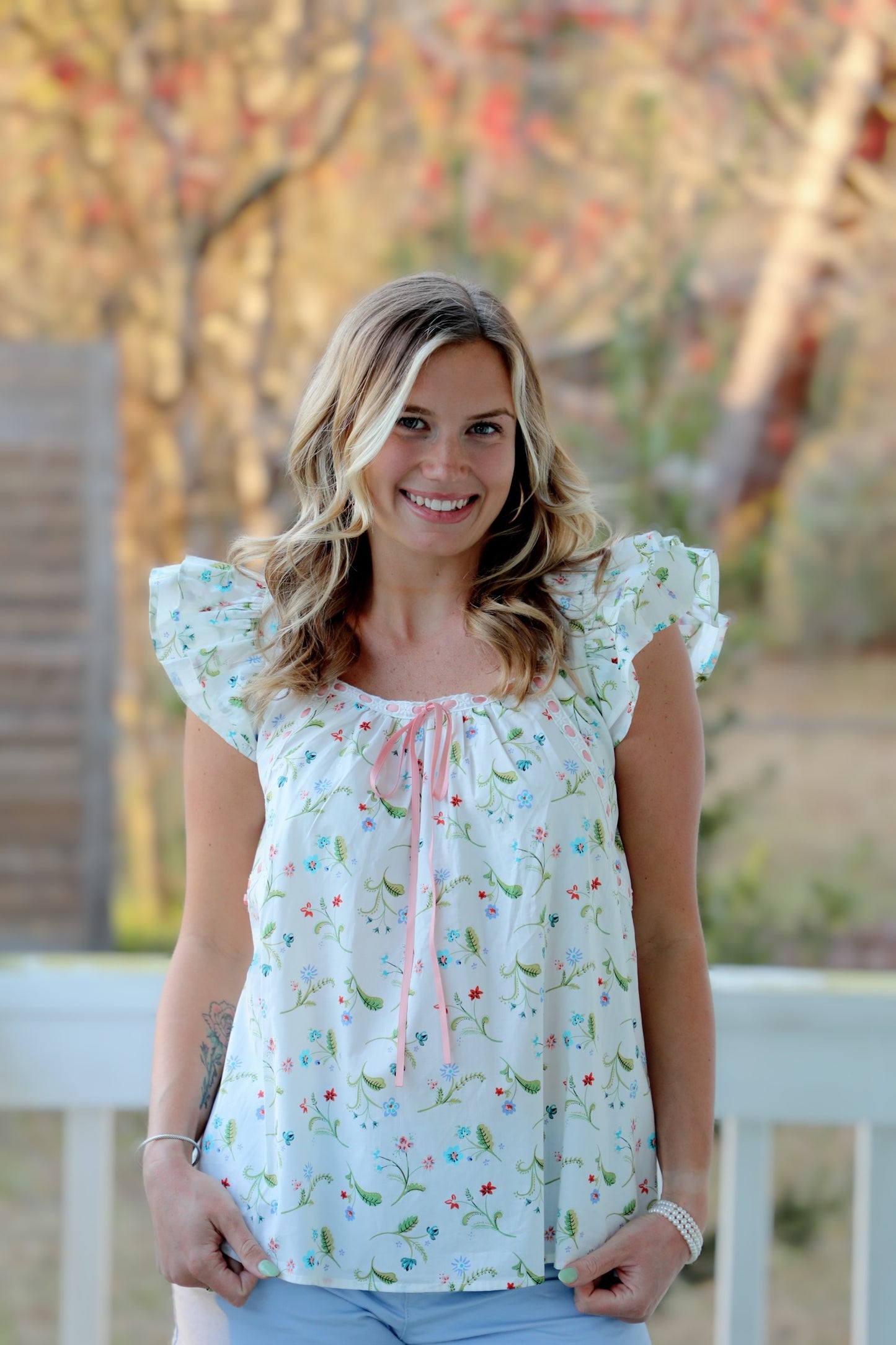 Floral Top With Ruffle Sleeves and Lace and Ribbon Details