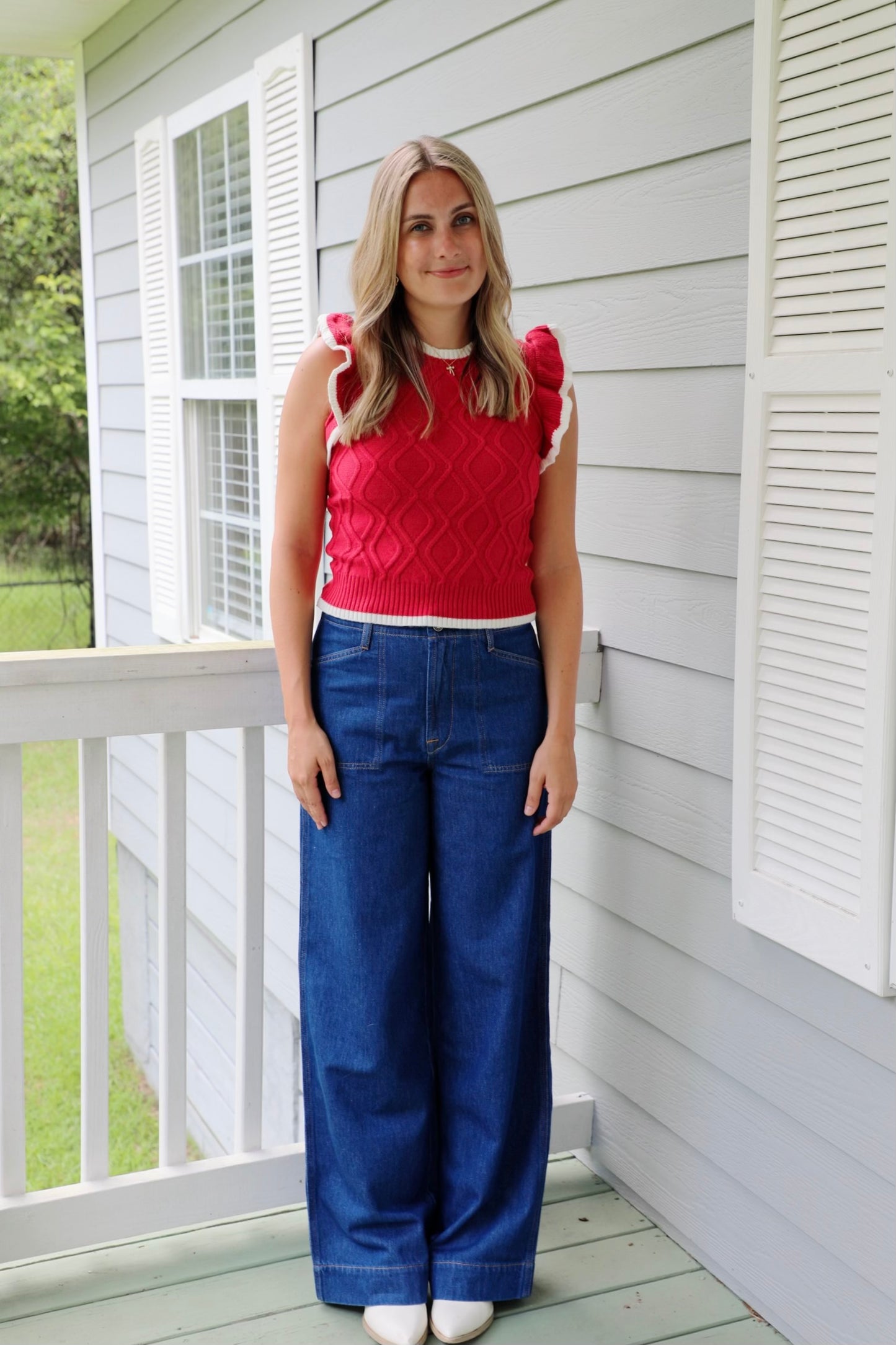 Game Day Ruffle Sleeve Cable Sweater Top