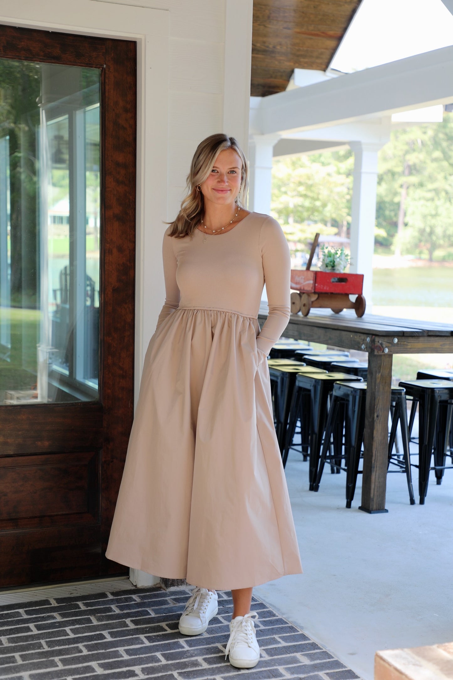 Knit and Satin Long Sleeve Midi Dress