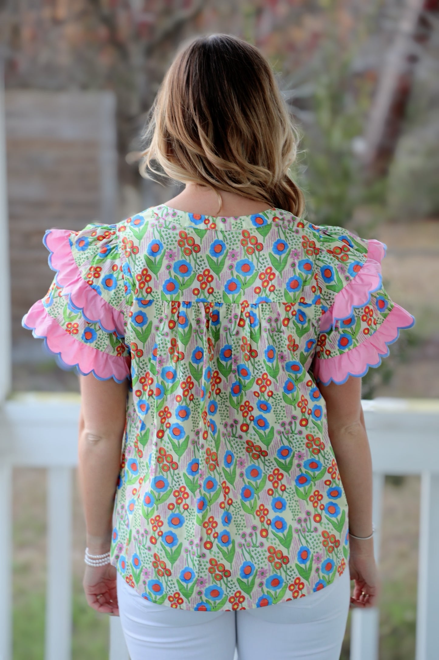 Floral Print V-neck Double Layer Ruffle Short Sleeve Pullover Top Featuring Scallop Trim