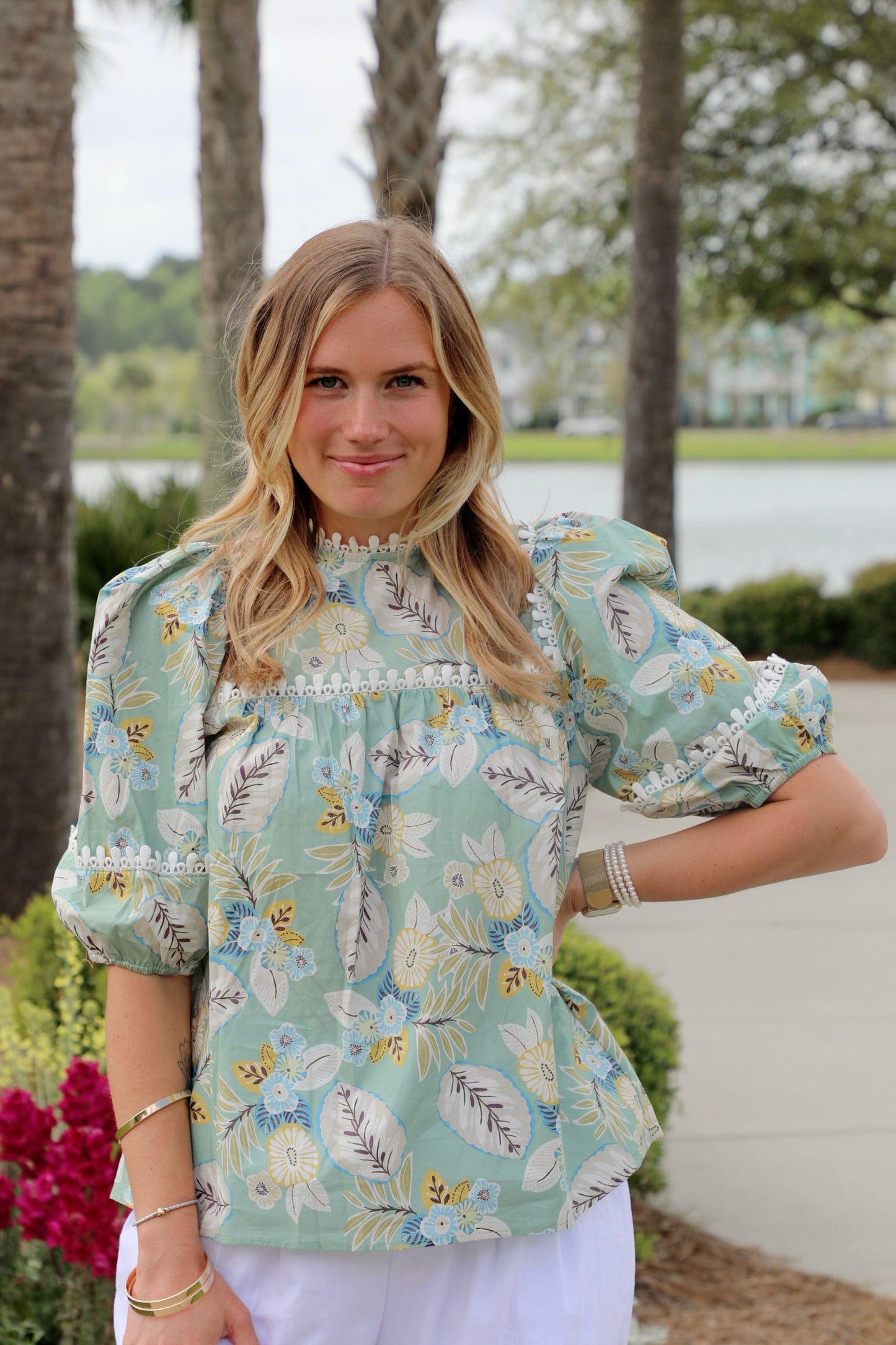 Balloon Sleeve Top with High Round Neck and Trim Details