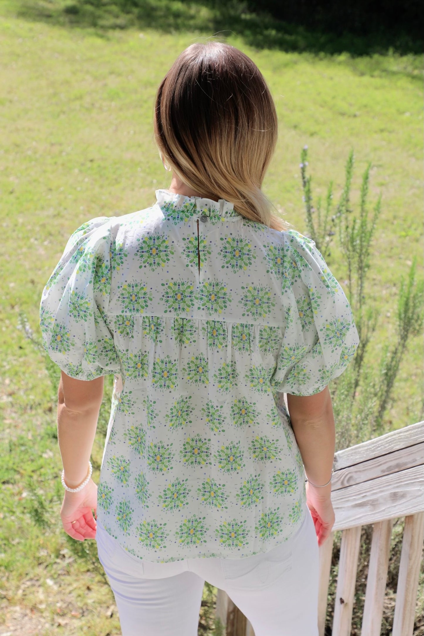High Ruffled Neck Blouse with a Pleat Detail on Front