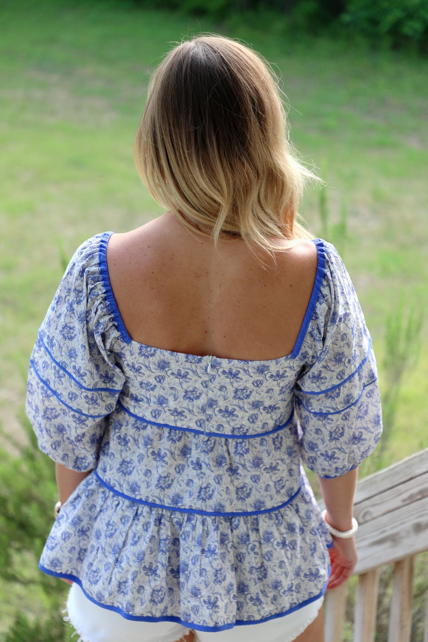 Blossom Tiered Puff-Sleeve Peplum Blouse