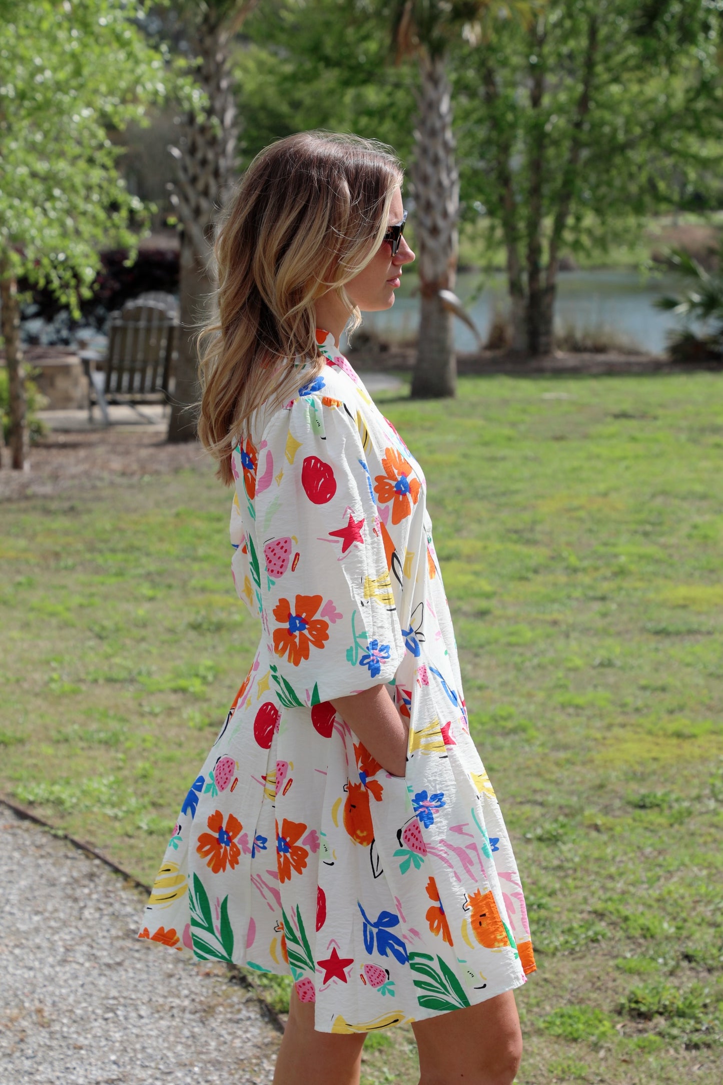 Printed V-Neck 3/4 Sleeve Shirt Dress with Flared Skirt