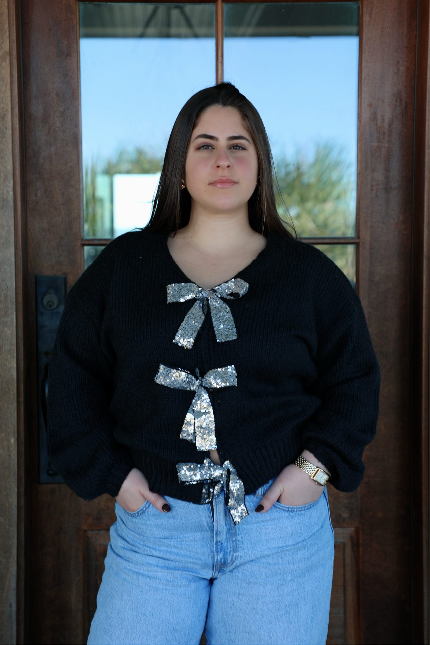 Black Sweater with Silver Sequin Bows