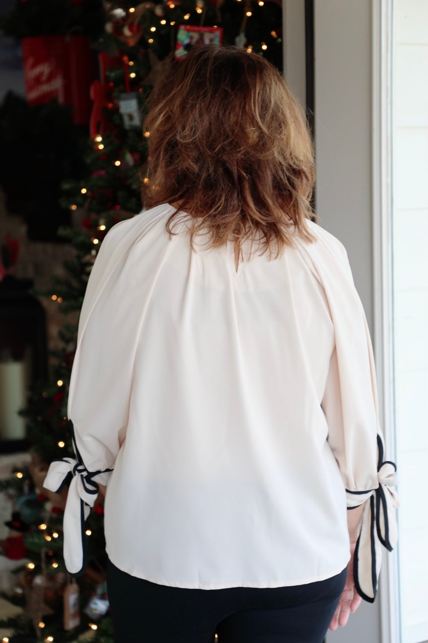 Blouson Top with Puff Sleeves and Ribbon Tie Cuffs