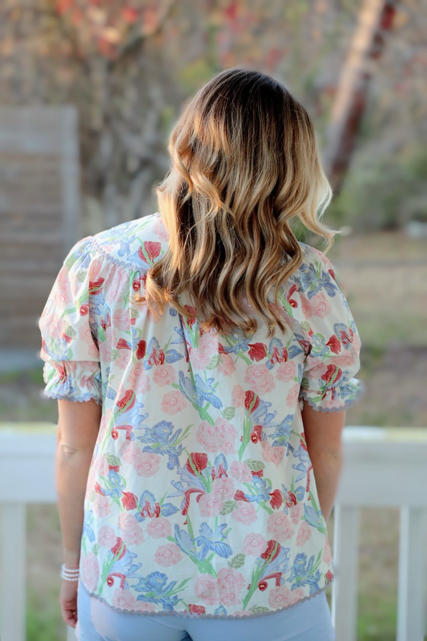 Floral Print Tie Neck Blouse with Ric-Rac Trim Detail