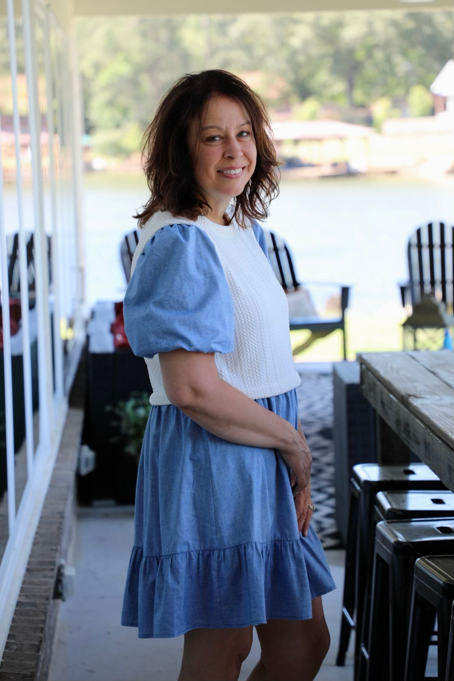 Puff Sleeve Patchwork Pleated Denim Dress