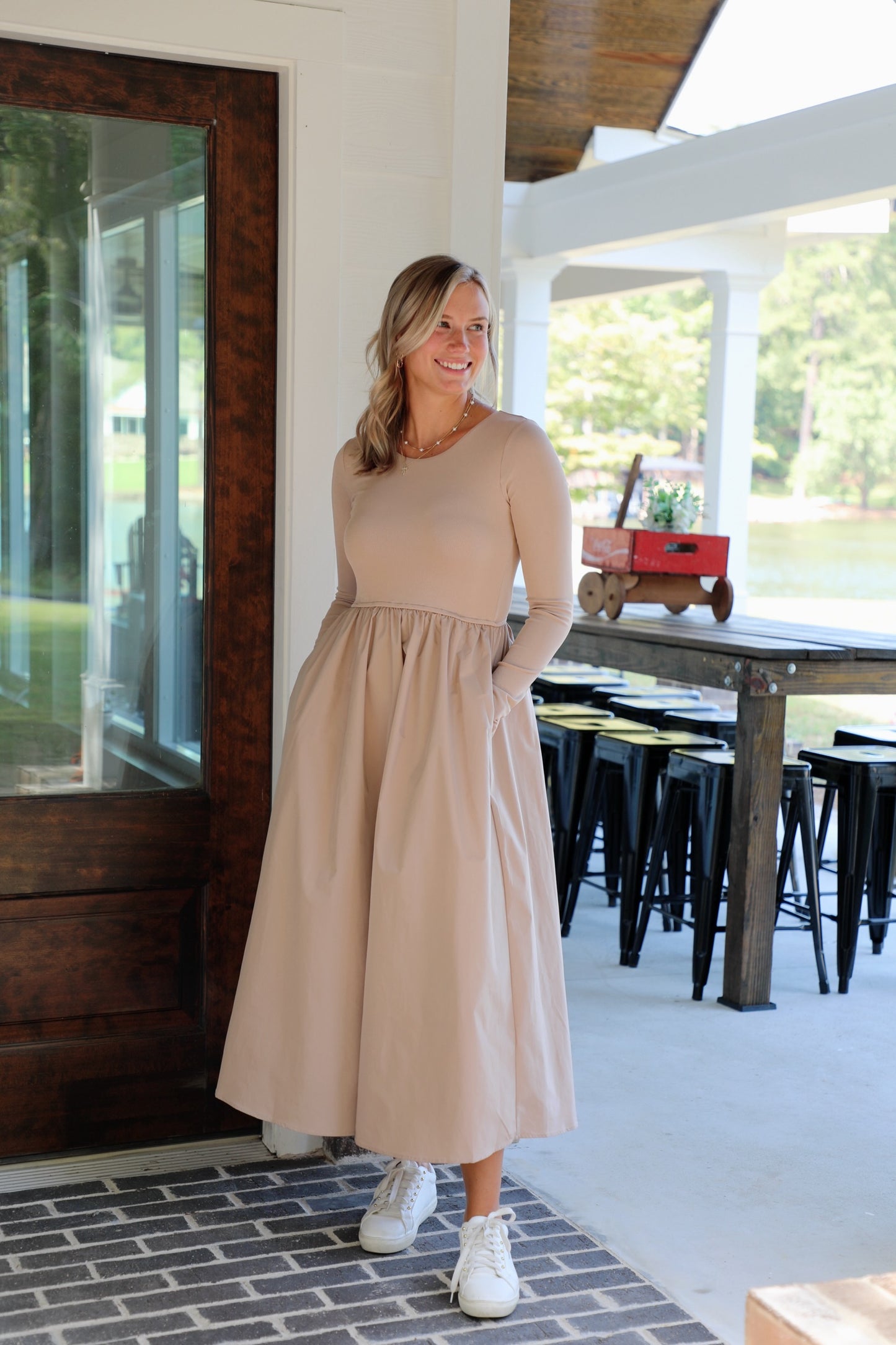 Knit and Satin Long Sleeve Midi Dress