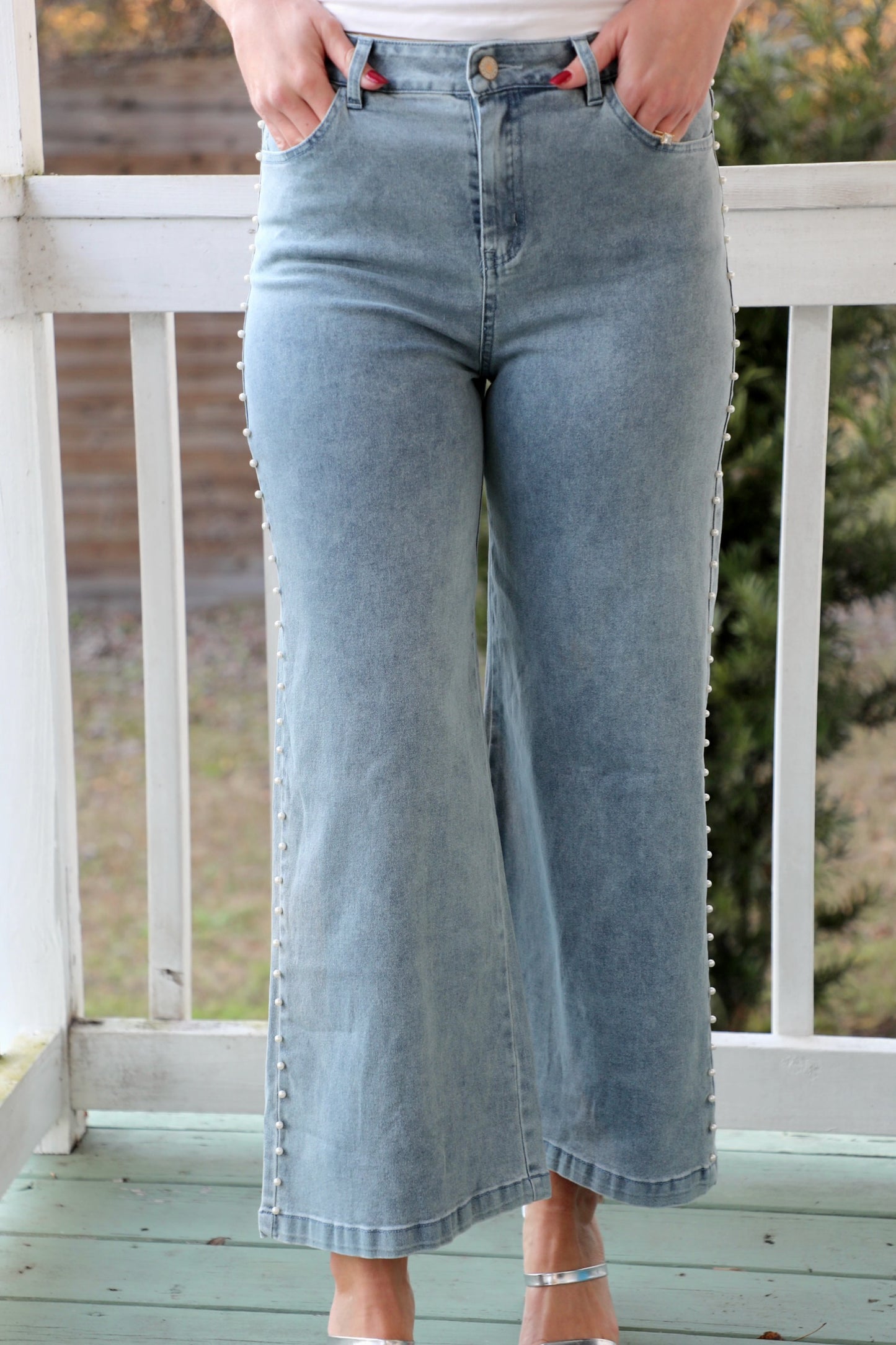 High Waisted Denim Jeans with Pearls