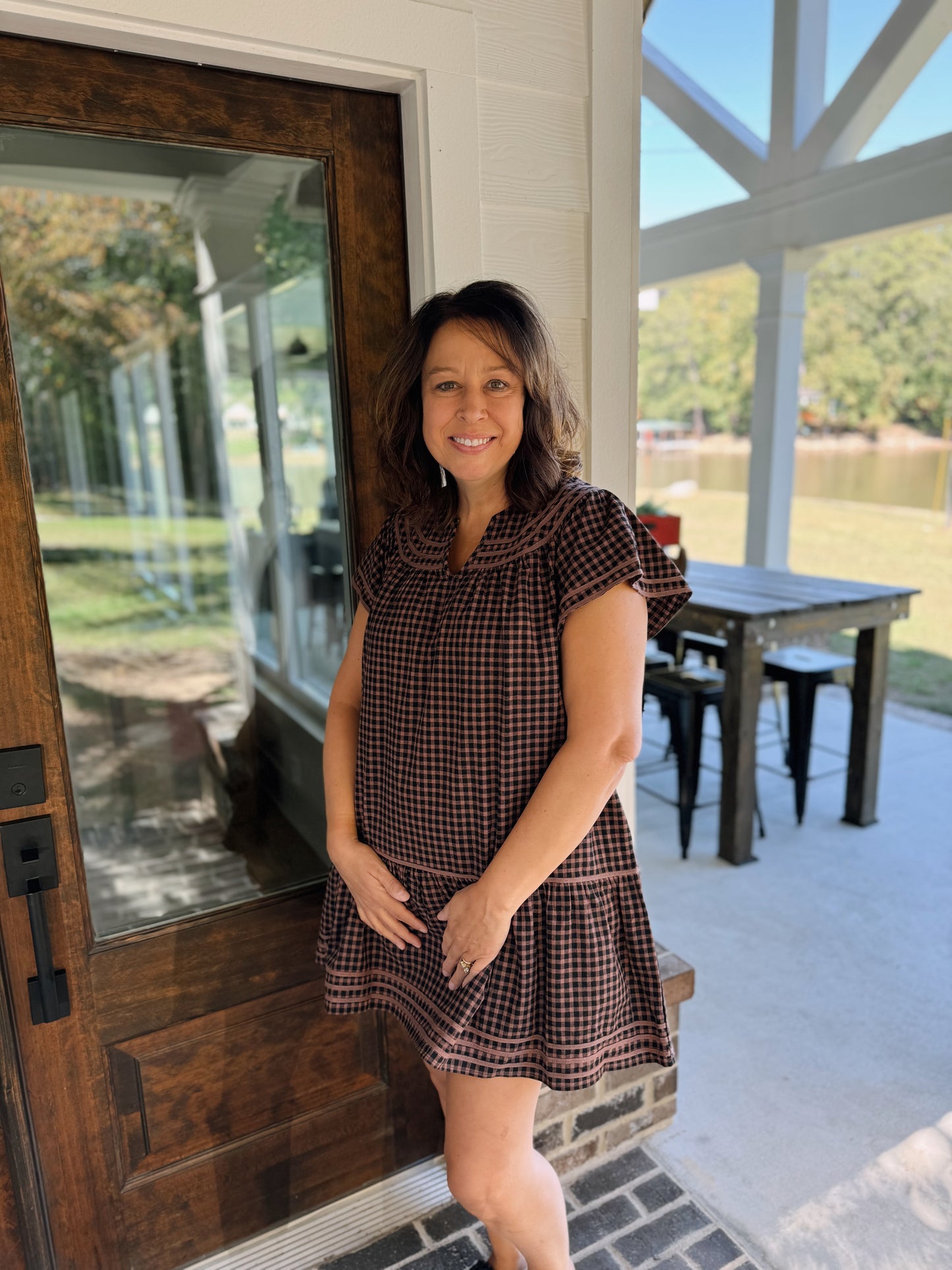 Trimmed Round V Neck Gingham Mini Dress