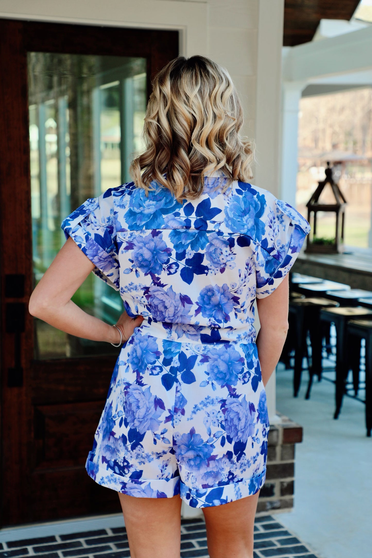 White/Blue Floral Romper With Waist Tie