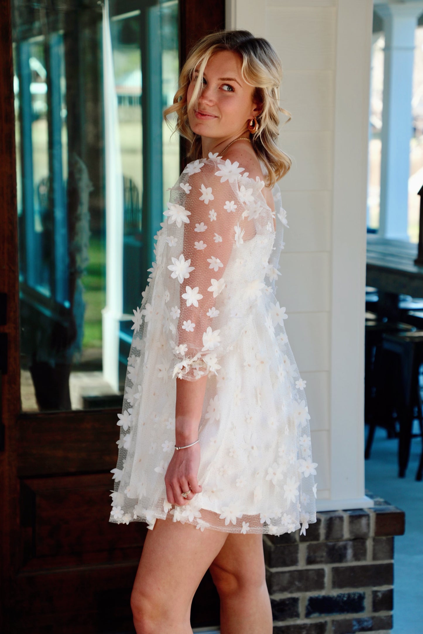 3d Daisy Gold Speckled Mesh Baby Doll Dress