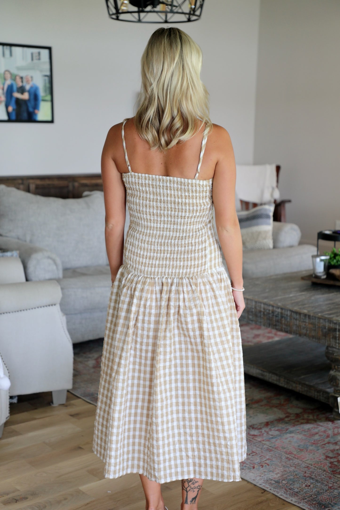 Gingham Print Midi Dress with Wooden Bead Detail