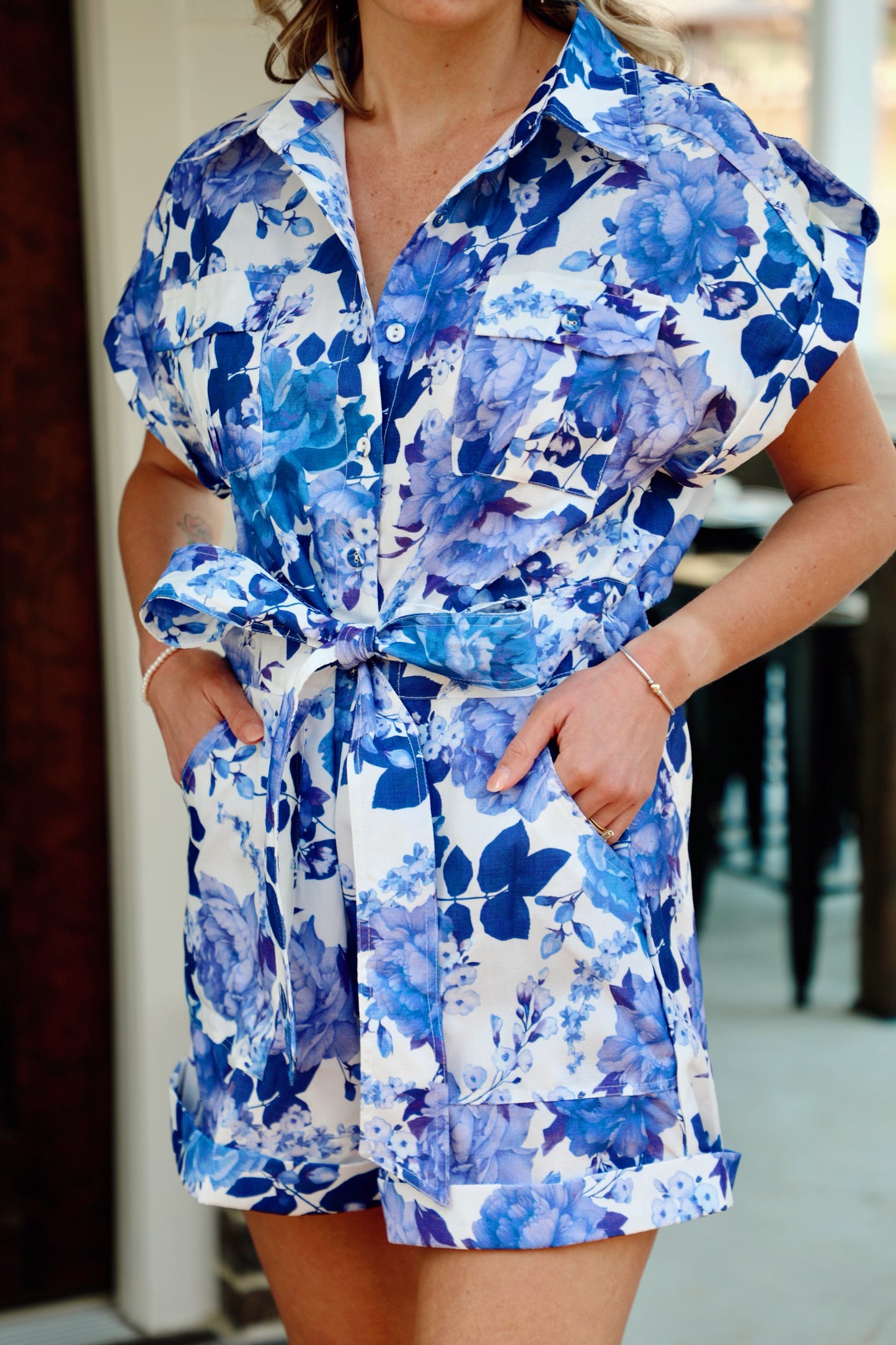 White/Blue Floral Romper With Waist Tie