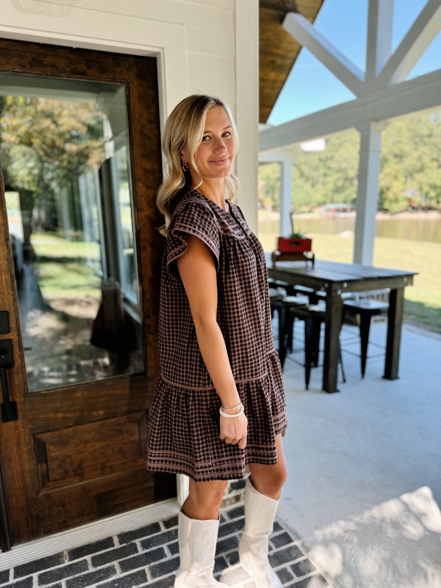 Trimmed Round V Neck Gingham Mini Dress