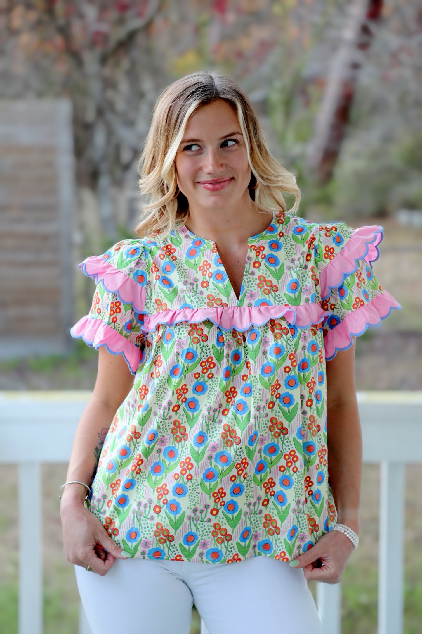 Floral Print V-neck Double Layer Ruffle Short Sleeve Pullover Top Featuring Scallop Trim