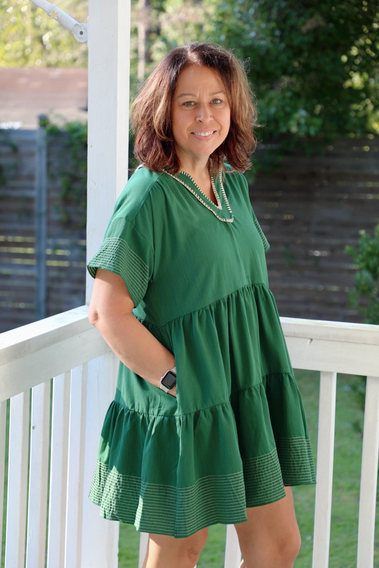 Green Tiered Dress With Tan Trim