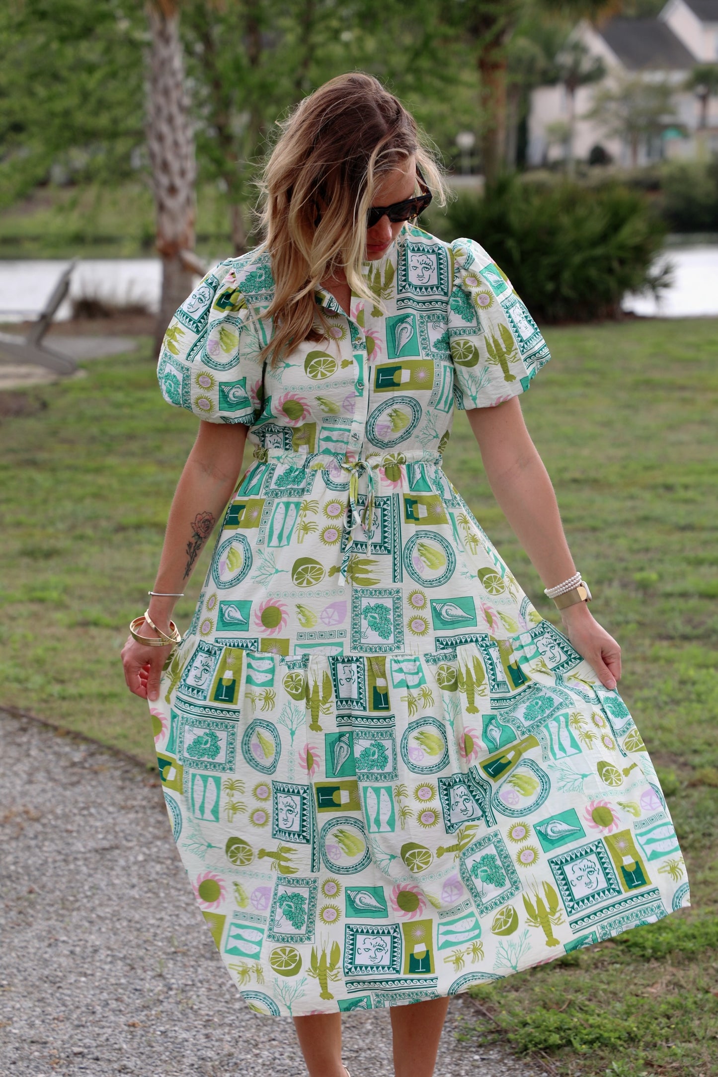 Printed Short Puff Sleeve Midi Dress with a Waist Tie