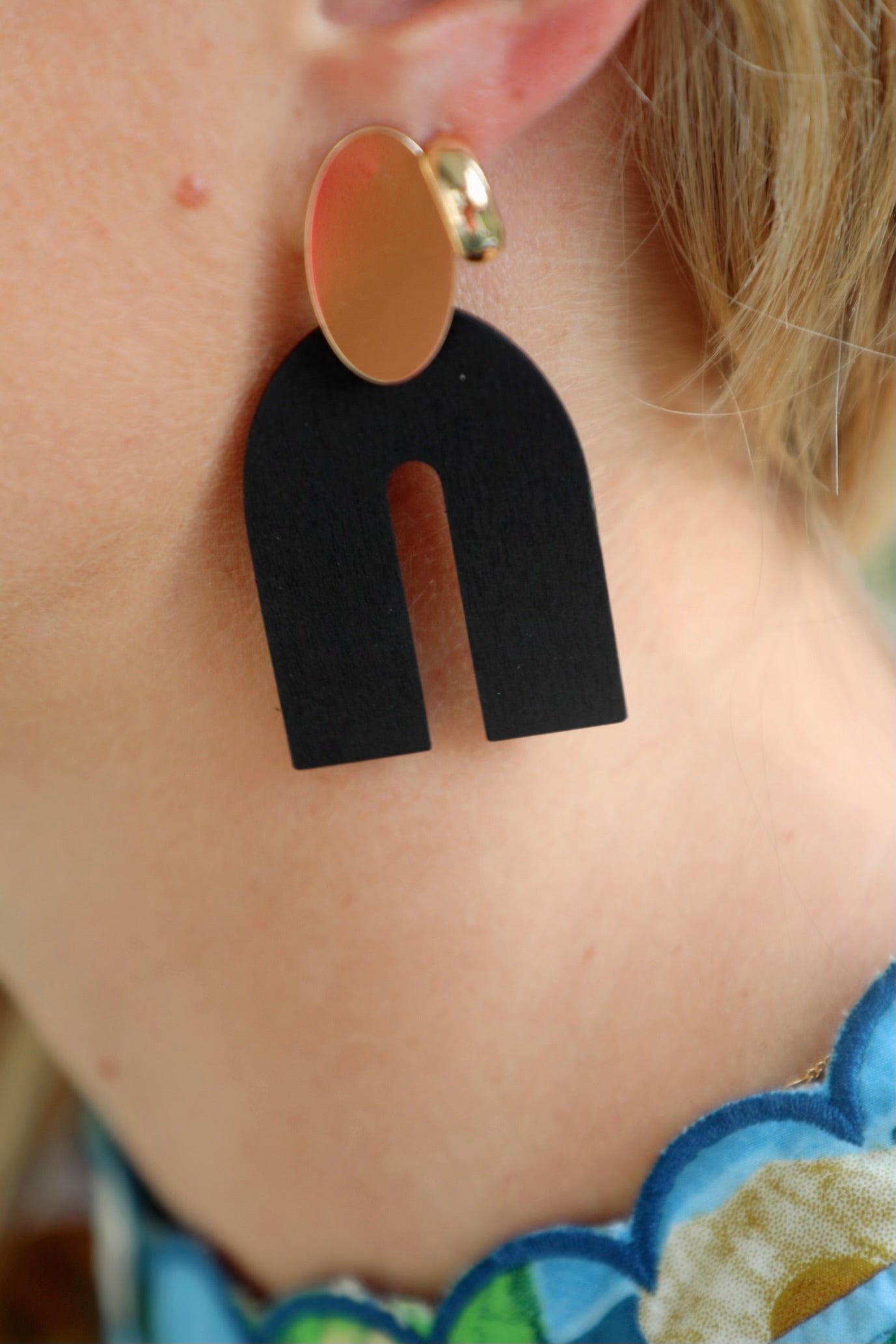 Black Wood U Drop Earrings