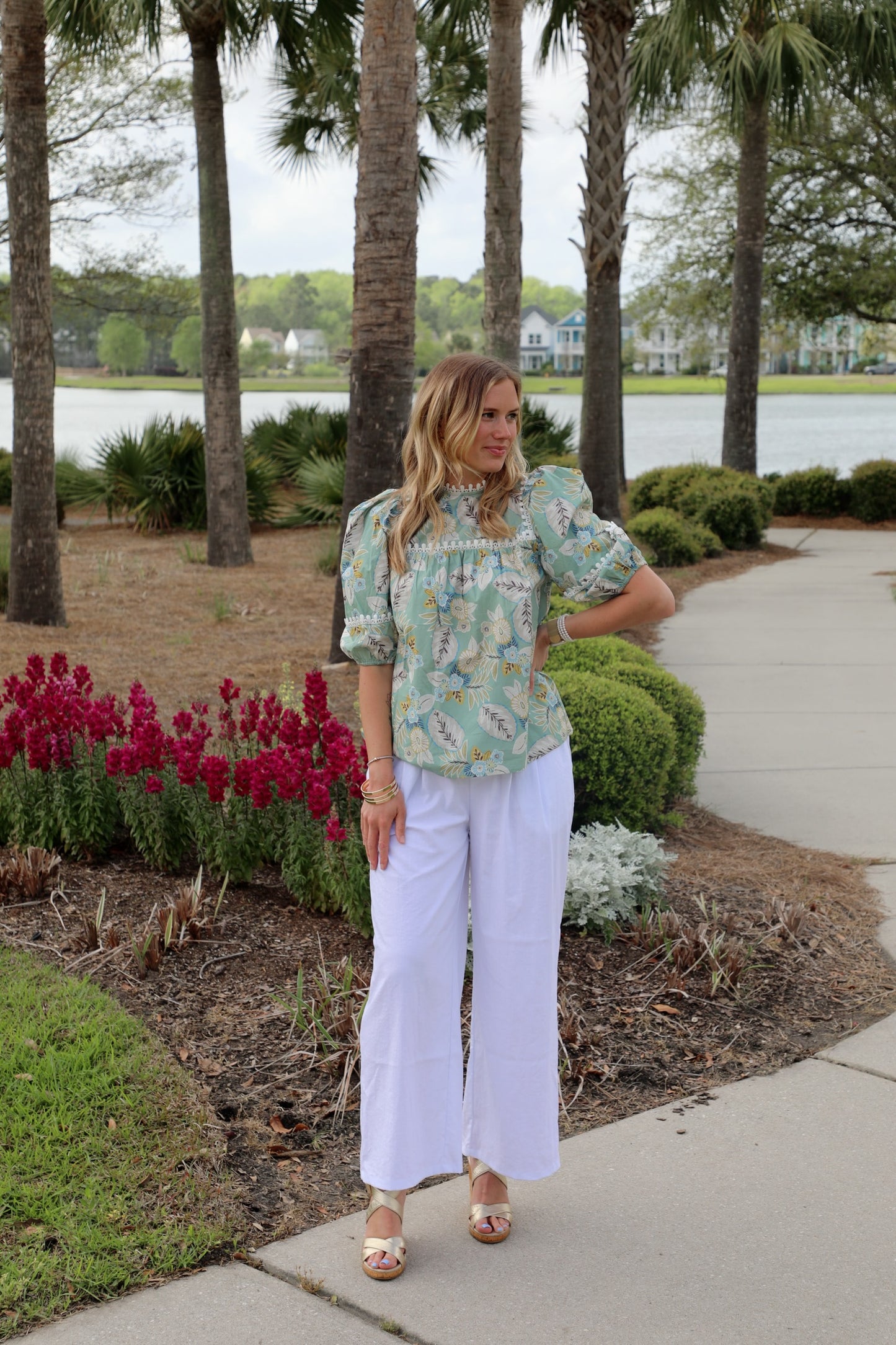 Balloon Sleeve Top with High Round Neck and Trim Details