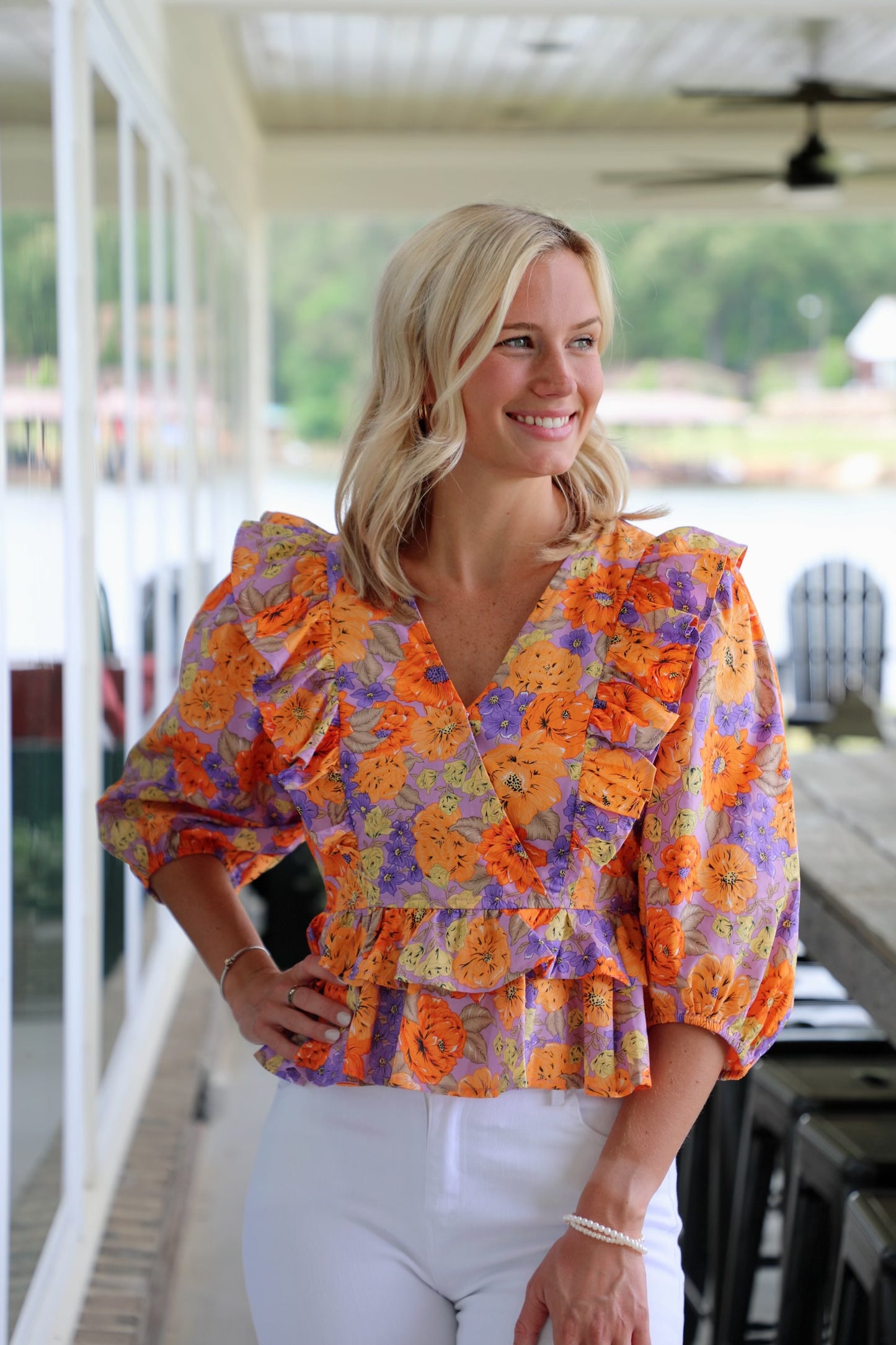Floral 3/4 Sleeve Ruffle Top
