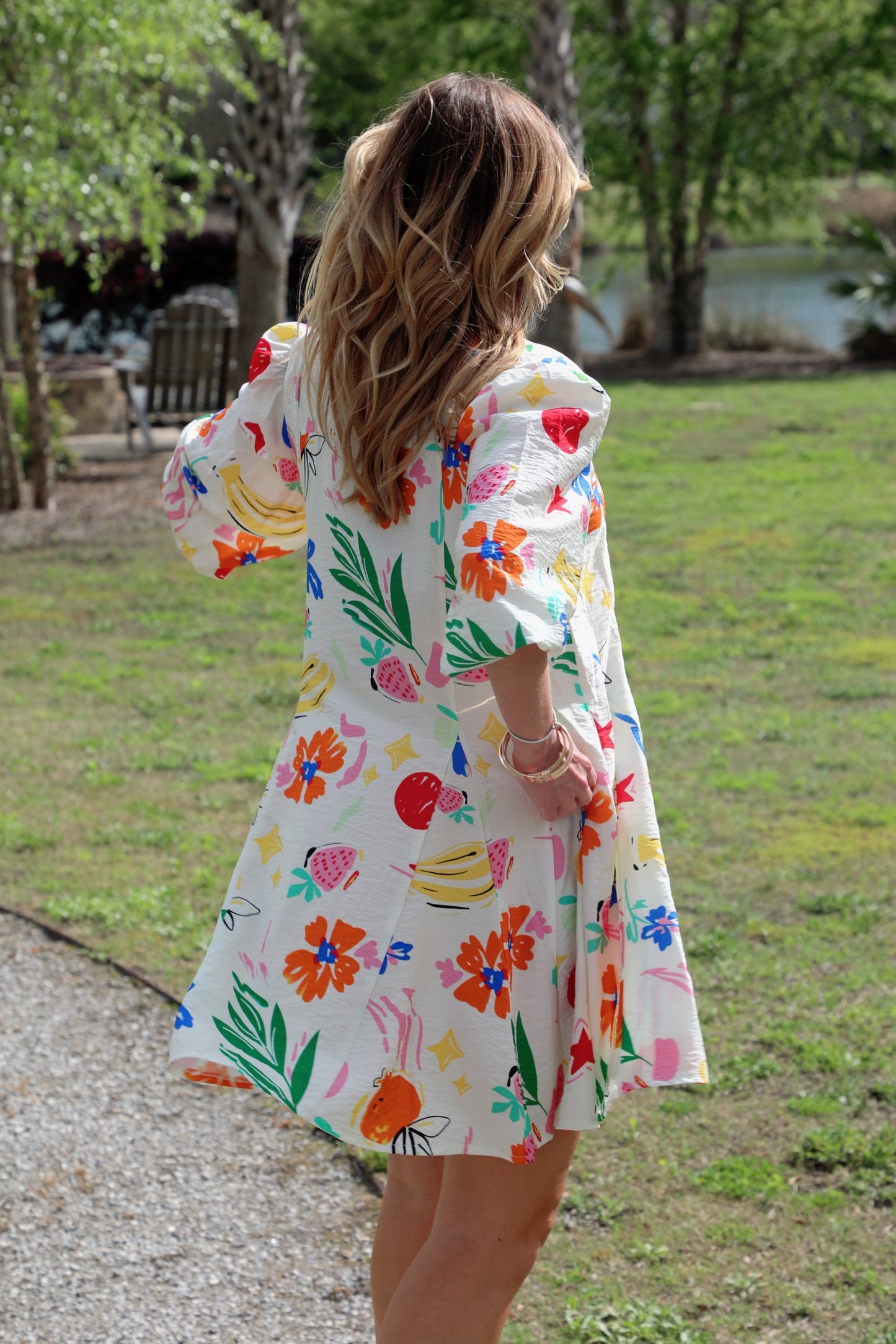 Printed V-Neck 3/4 Sleeve Shirt Dress with Flared Skirt